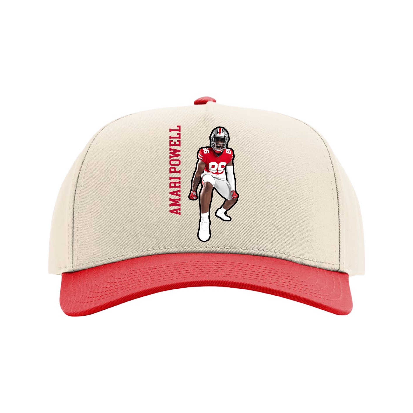 Full Fabric Five-Panel Champ Cap — Name Vertical in Cream/Red