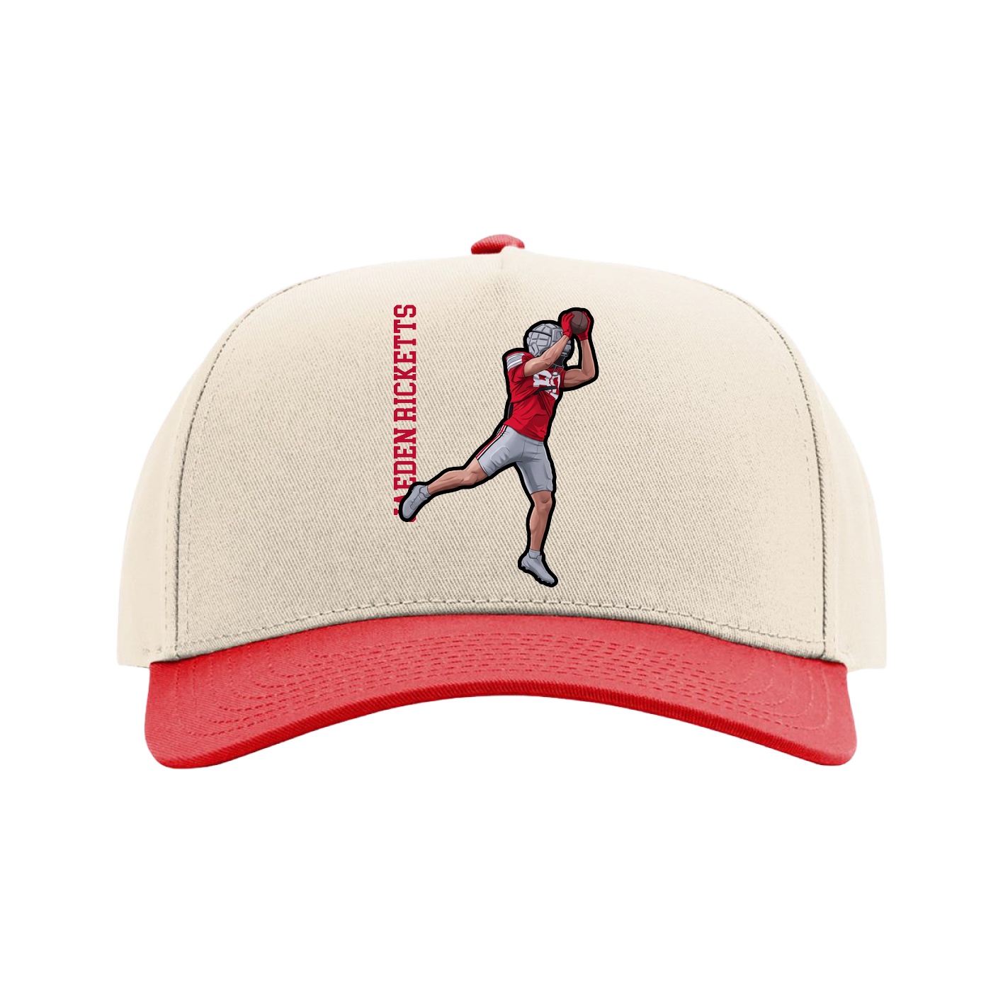 Full Fabric Five-Panel Champ Cap — Name Vertical in Cream/Red