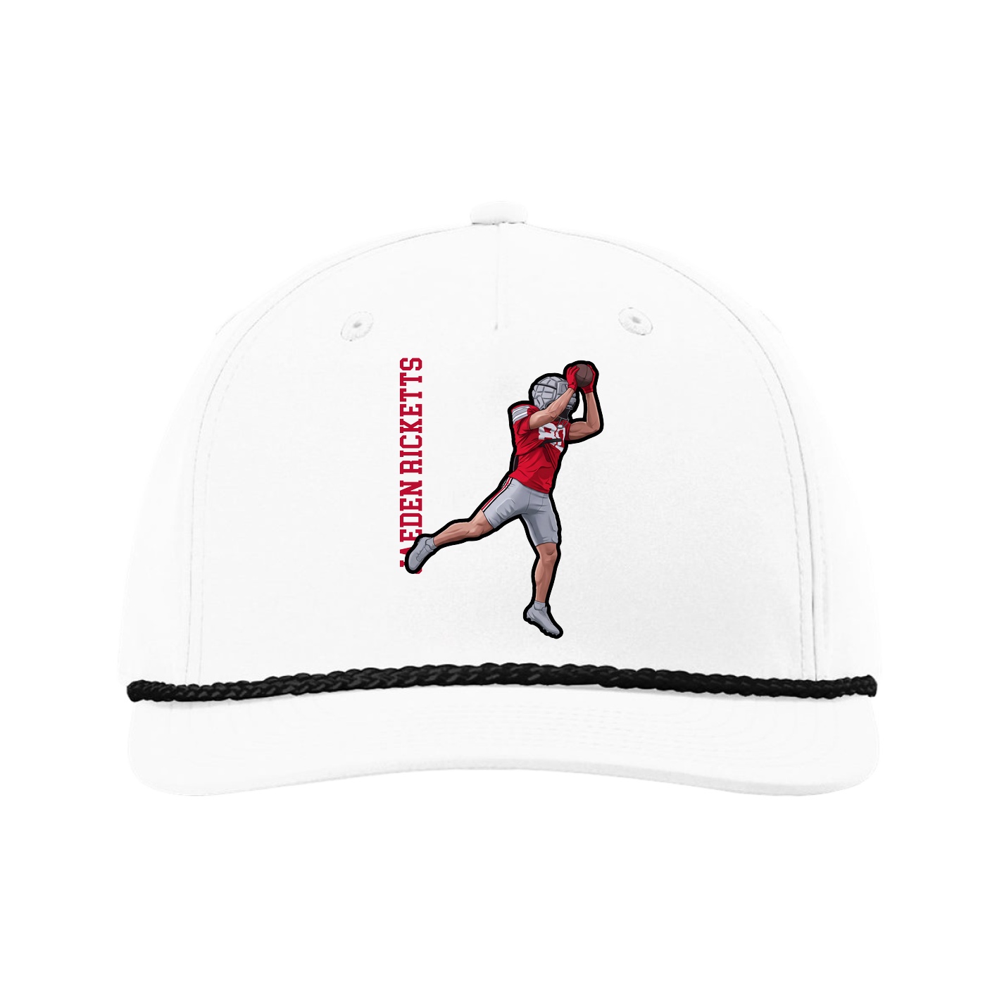 Five-Panel Classic Rope Cap — Name Vertical in White
