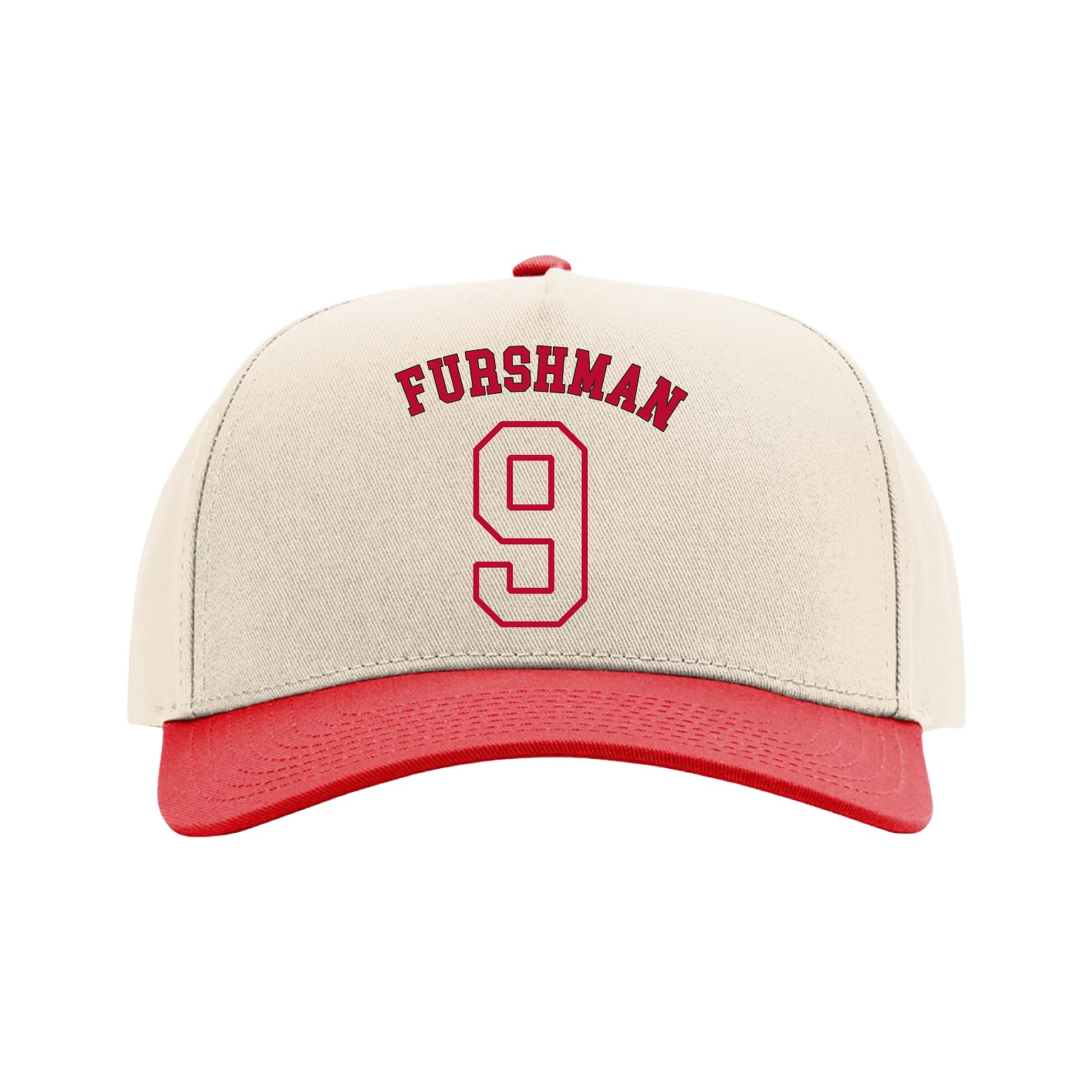 Full Fabric Five-Panel Champ Cap — Shirsey Arch in Cream/Red