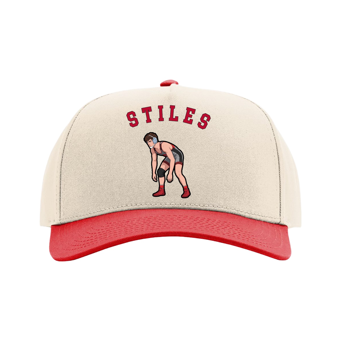 Full Fabric Five-Panel Champ Cap — Shirsey Arch in Cream/Red