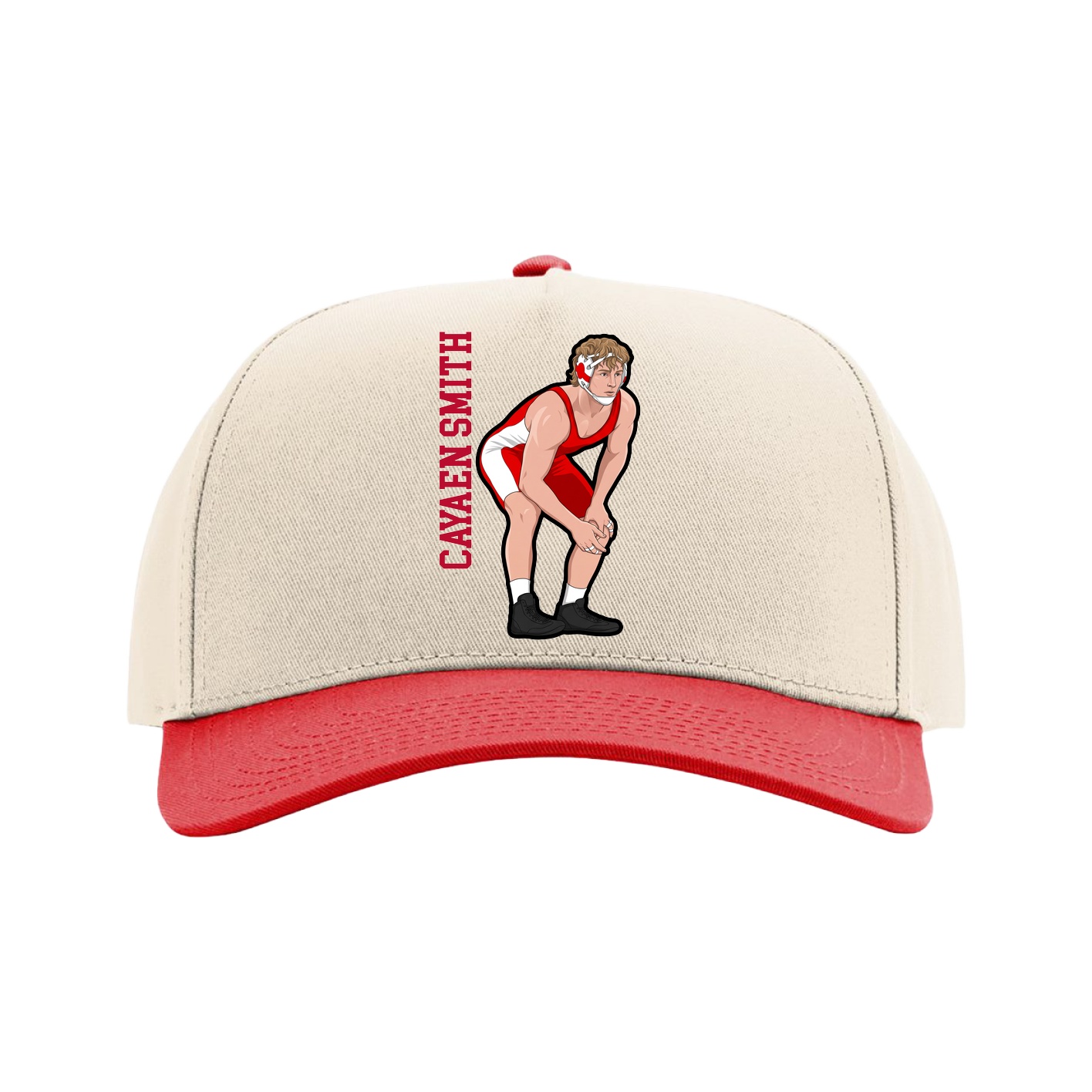 Full Fabric Five-Panel Champ Cap — Name Vertical in Cream/Red