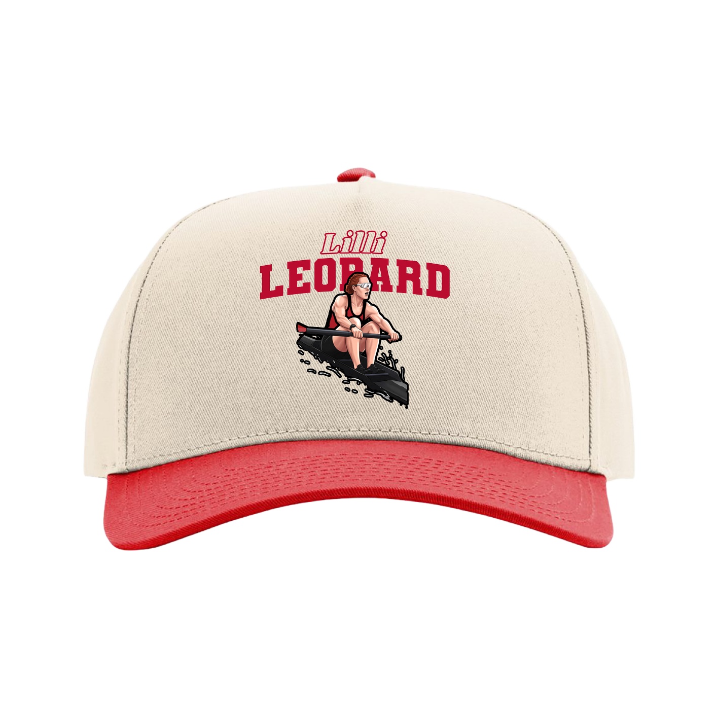 Full Fabric Five-Panel Champ Cap — Name Arch in Cream/Red