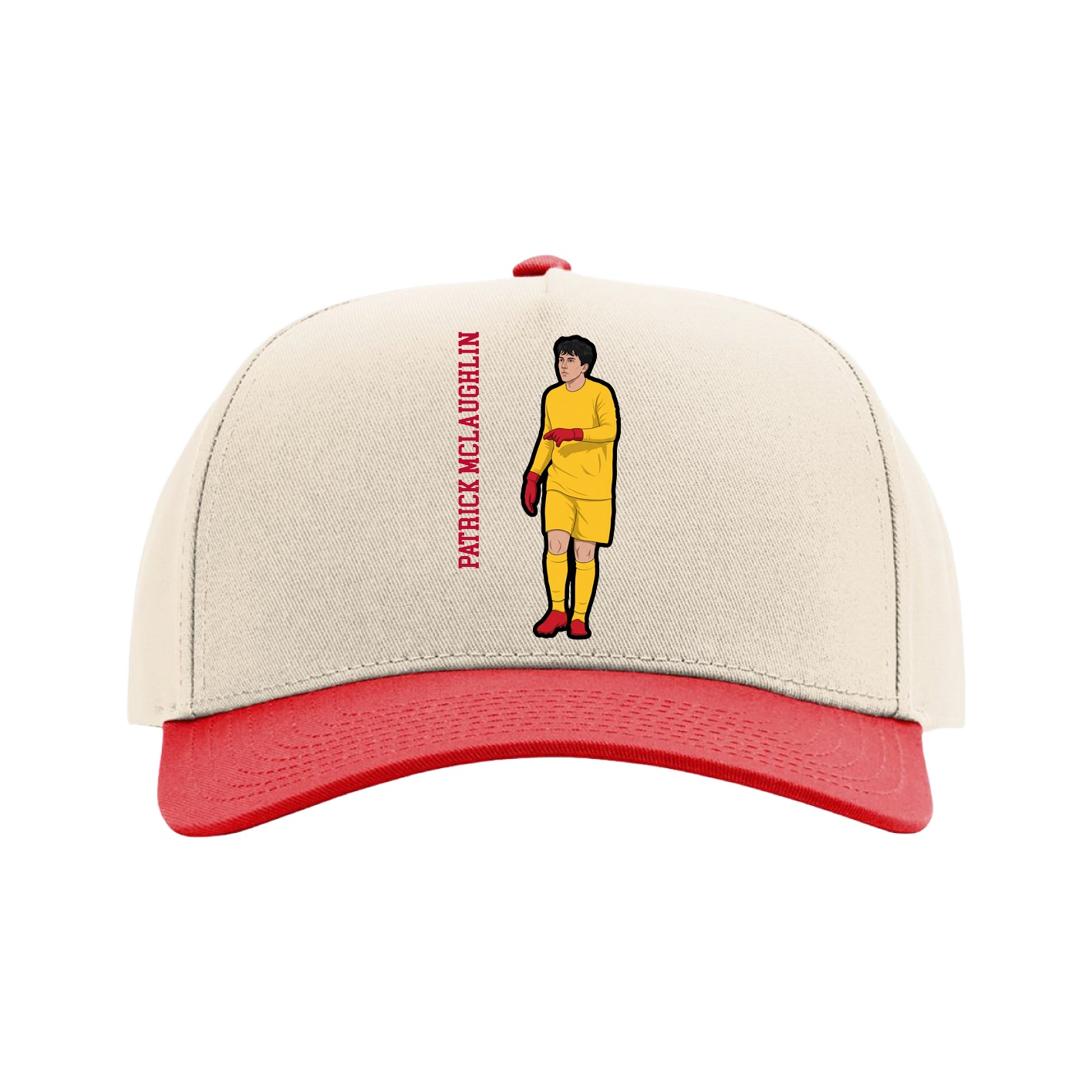 Full Fabric Five-Panel Champ Cap — Name Vertical in Cream/Red