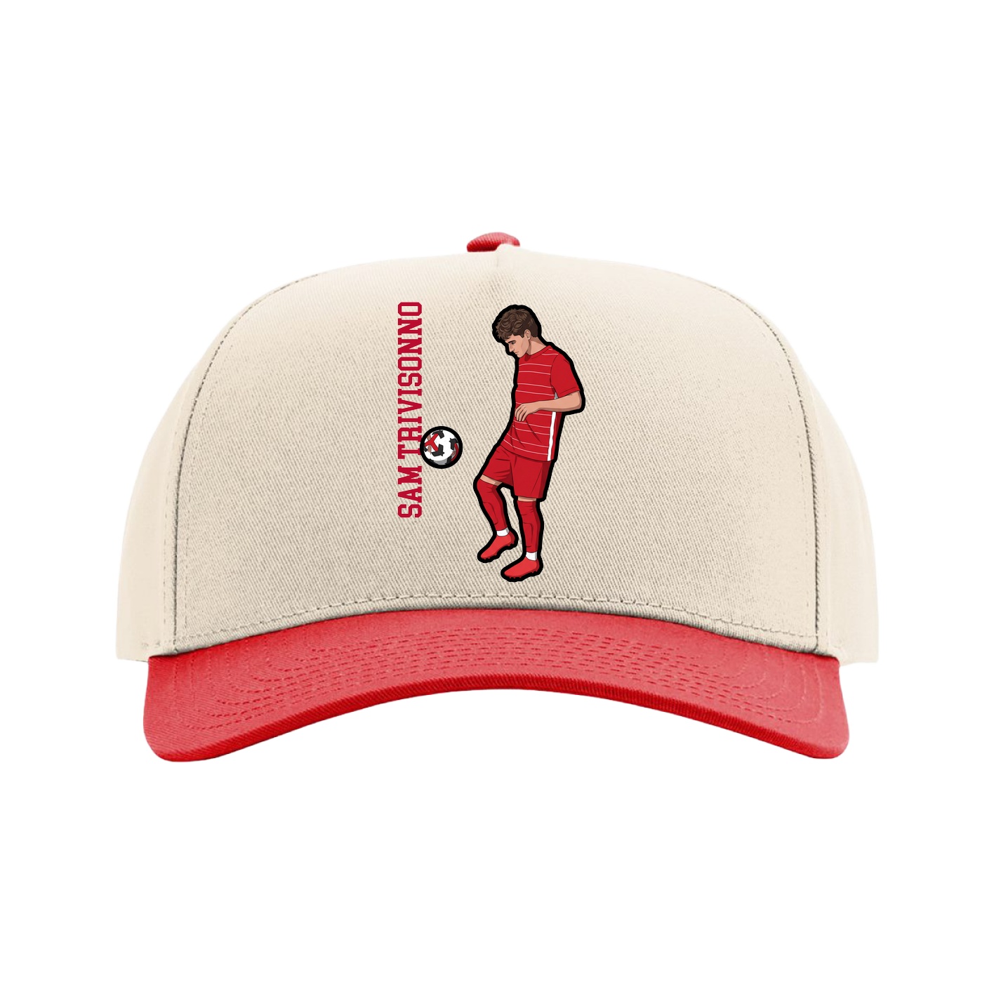 Full Fabric Five-Panel Champ Cap — Name Vertical in Cream/Red