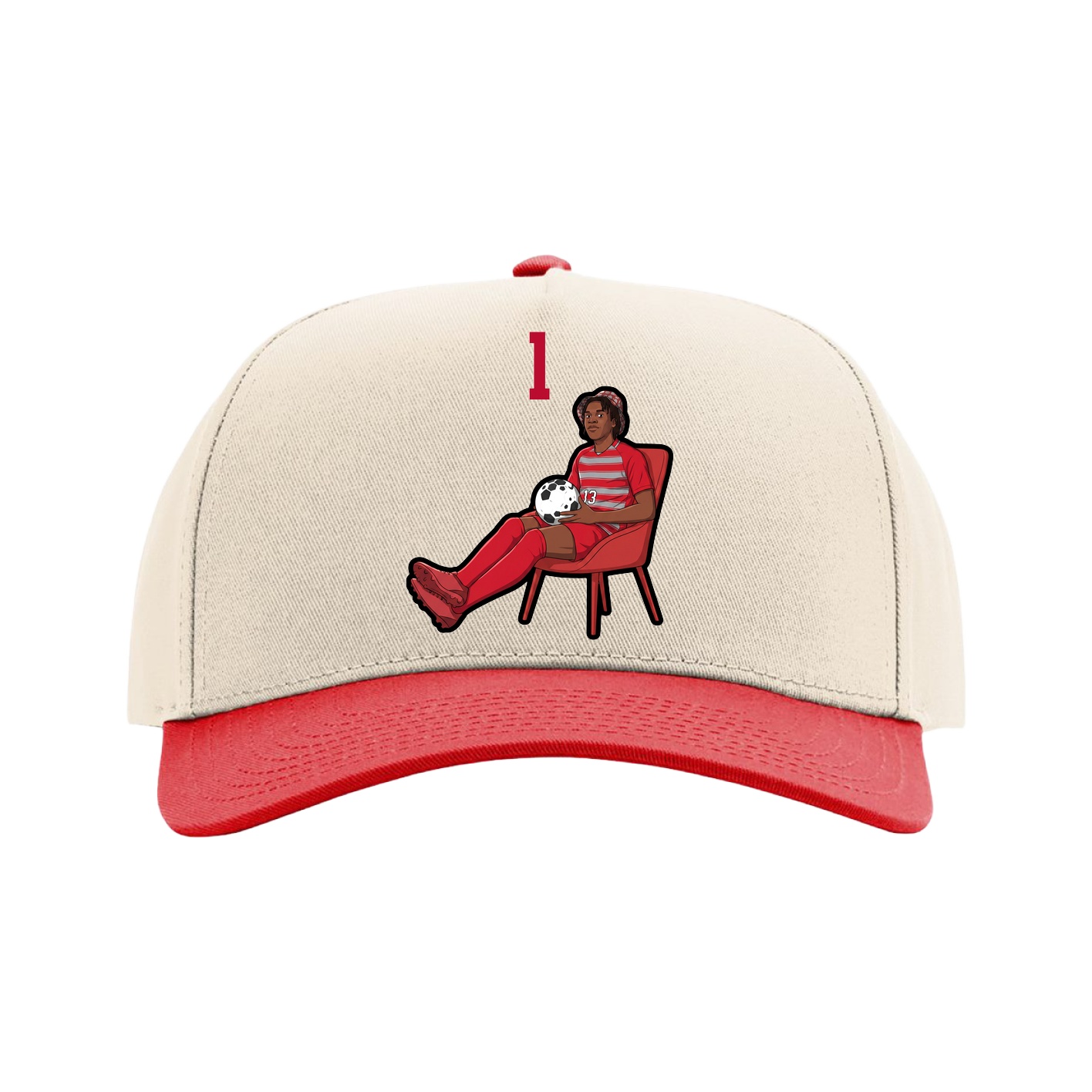 Full Fabric Five-Panel Champ Cap — Number Top in Cream/Red