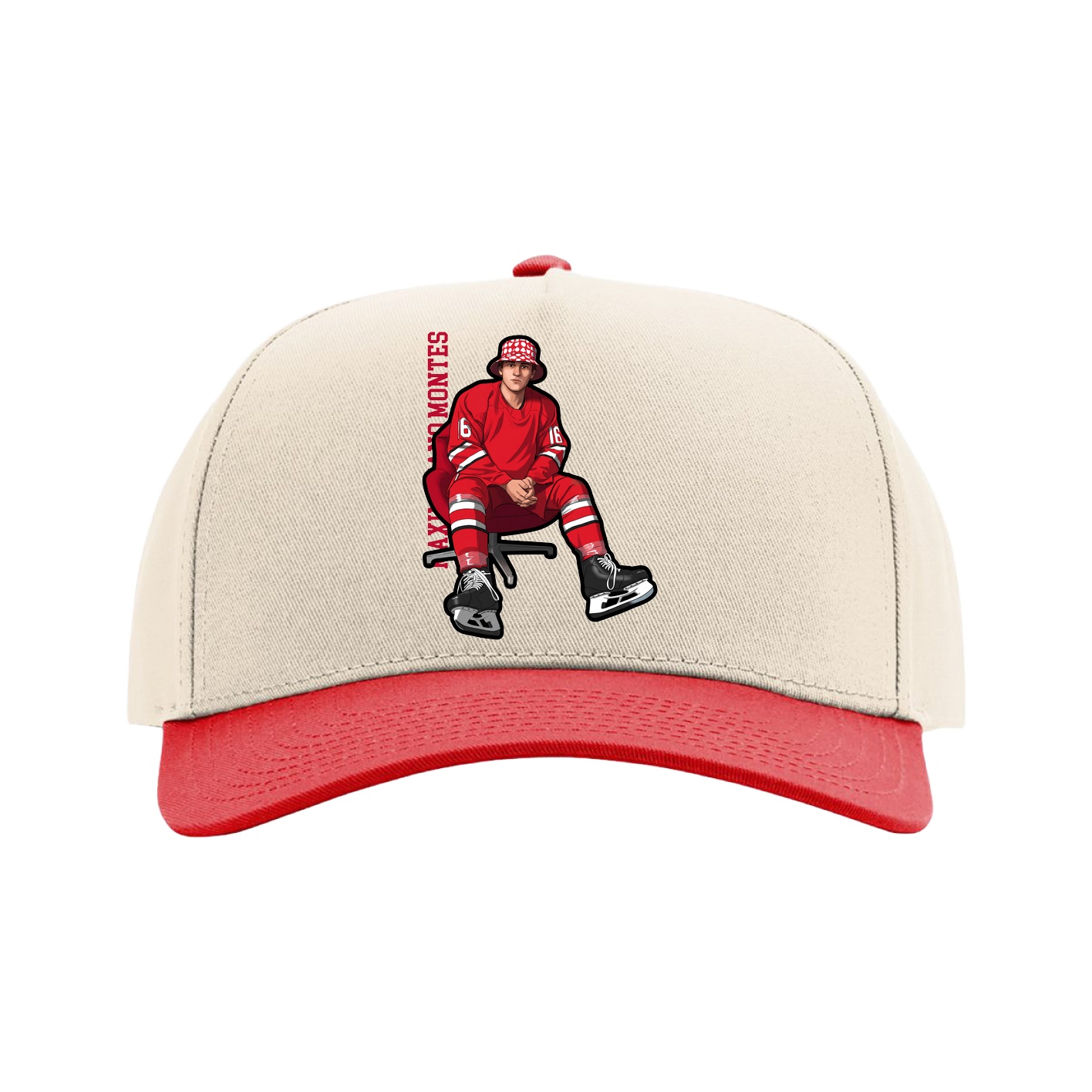 Full Fabric Five-Panel Champ Cap — Name Vertical in Cream/Red