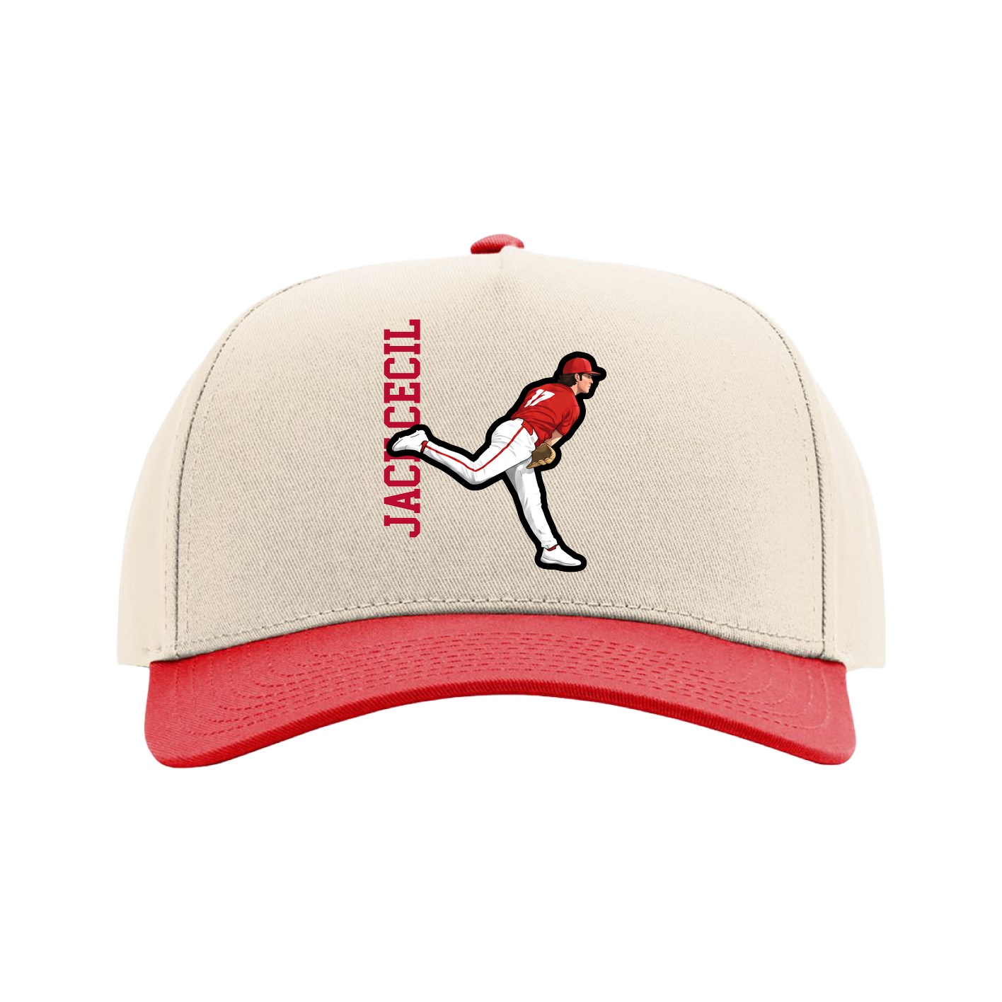 Full Fabric Five-Panel Champ Cap — Name Vertical in Cream/Red