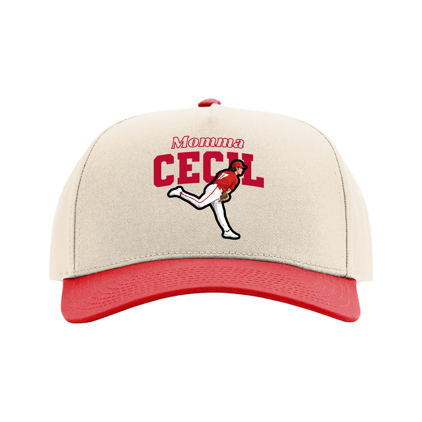 Full Fabric Five-Panel Champ Cap — Mothers Day Block in Cream/Red