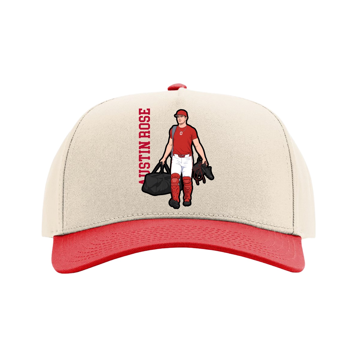 Full Fabric Five-Panel Champ Cap — Name Vertical in Cream/Red