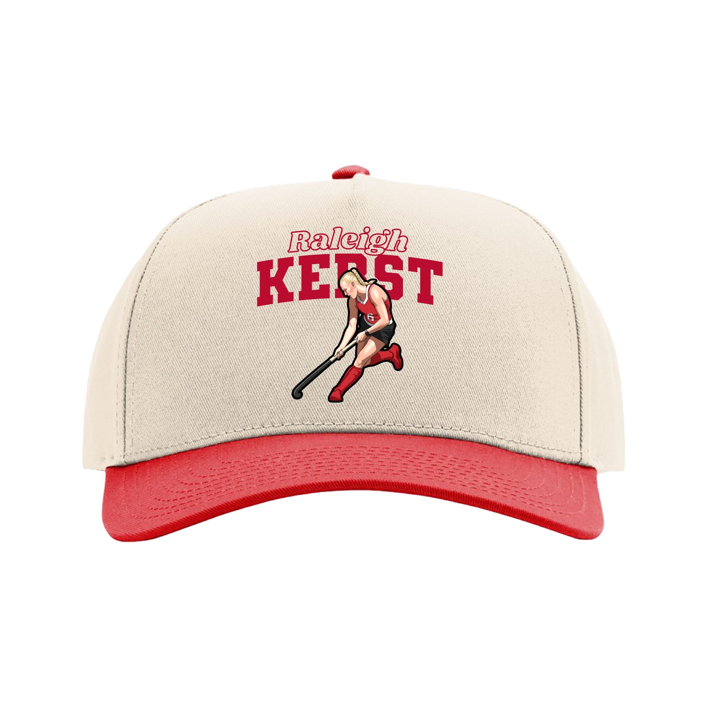 Full Fabric Five-Panel Champ Cap — Name Arch in Cream/Red