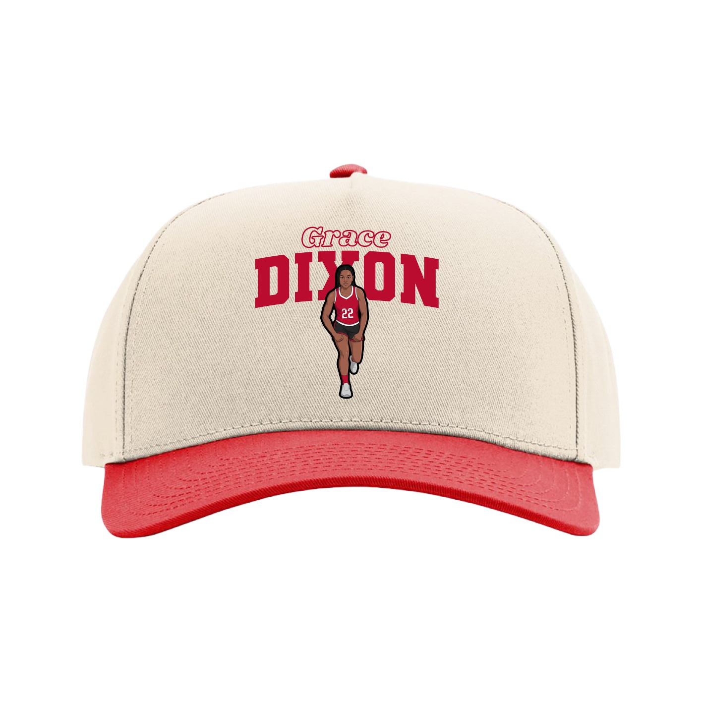 Full Fabric Five-Panel Champ Cap — Name Arch in Cream/Red