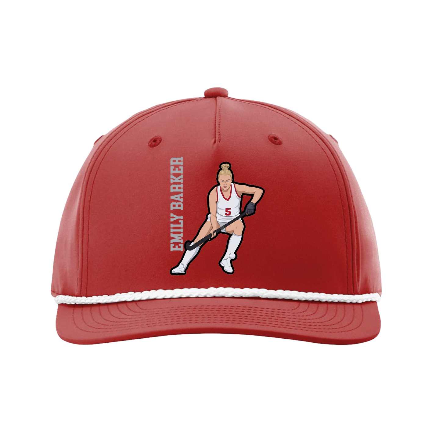 Five-Panel Classic Rope Cap — Name Vertical in Red