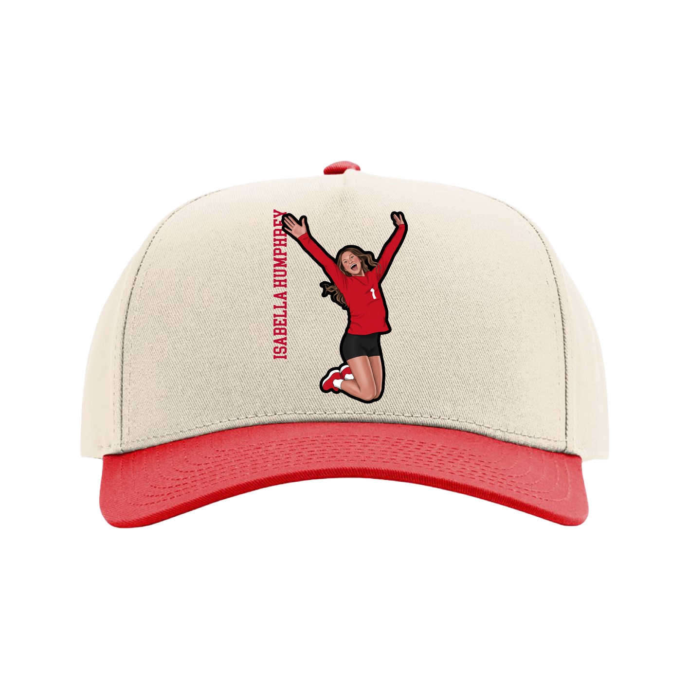 Full Fabric Five-Panel Champ Cap — Name Vertical in Cream/Red