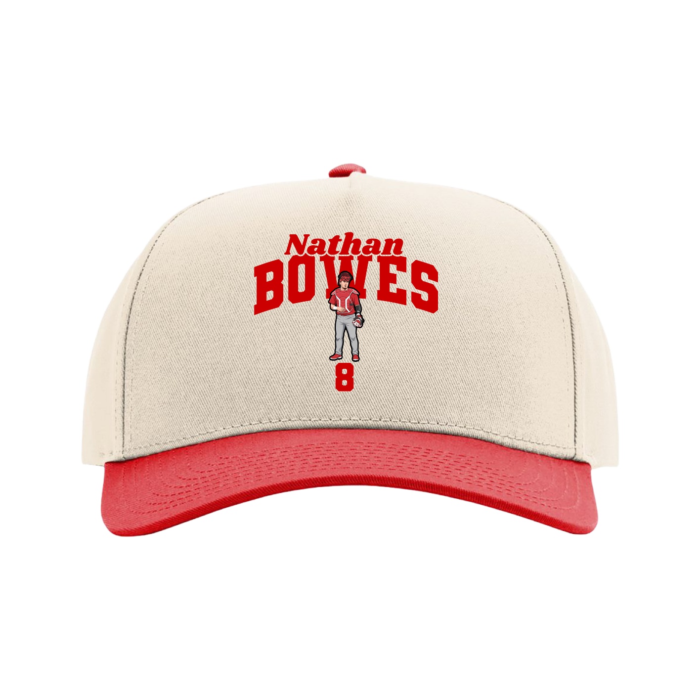 Full Fabric Five-Panel Champ Cap — Signature Arch in Cream/Red