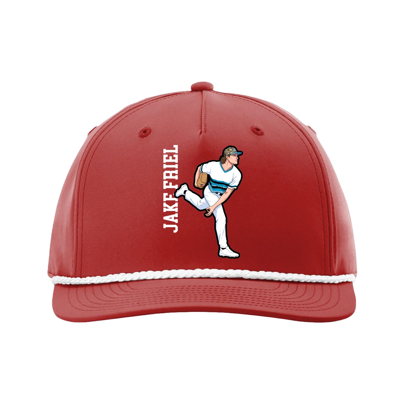 Five-Panel Classic Rope Cap — Name Vertical in Red