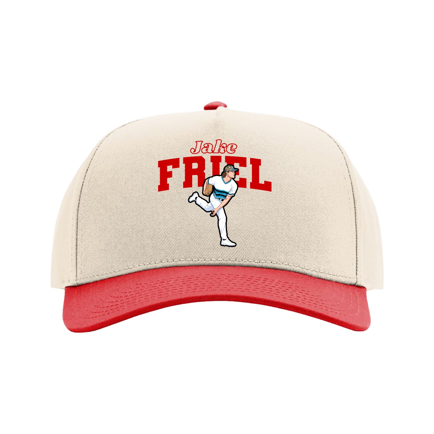 Full Fabric Five-Panel Champ Cap — Name Arch in Cream/Red