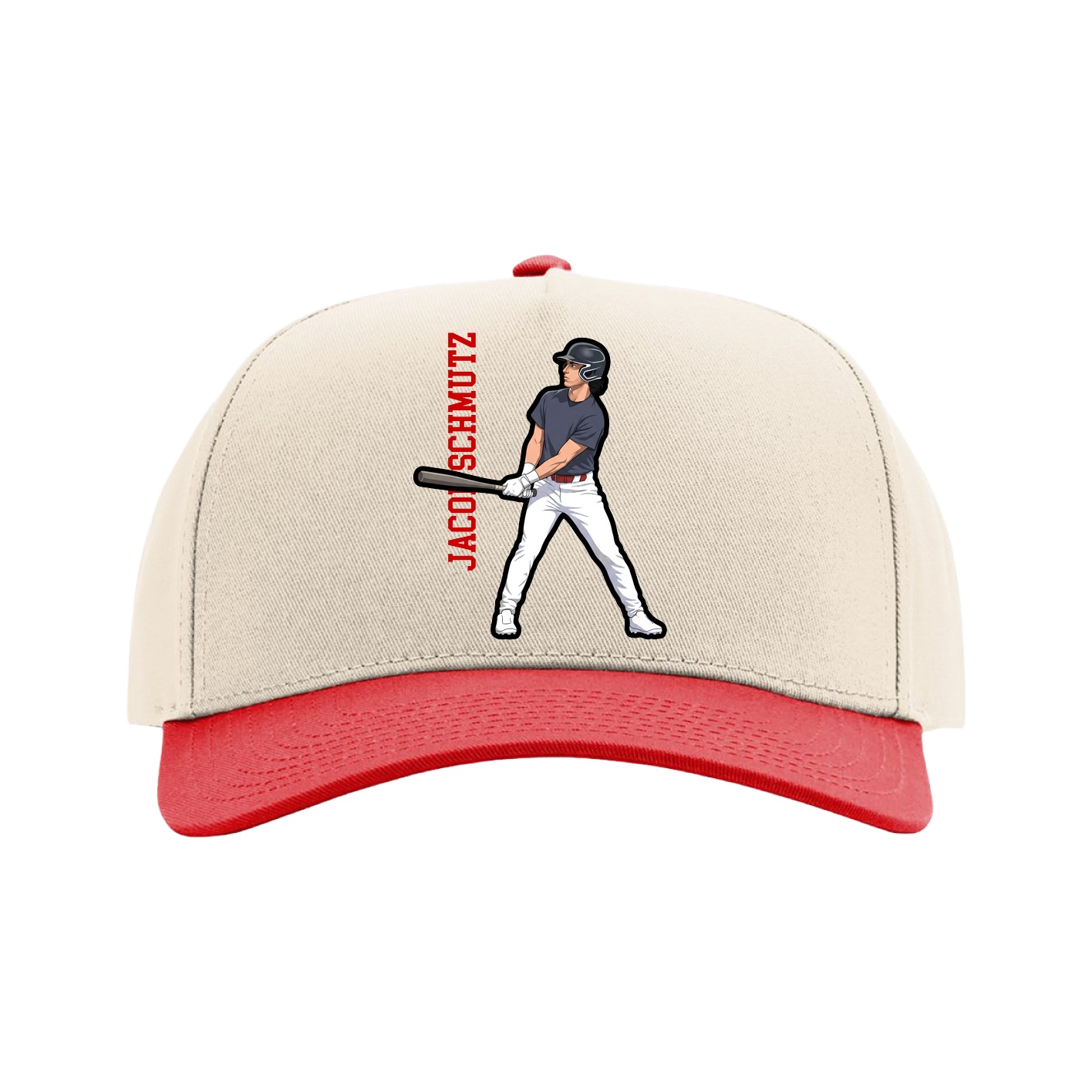 Full Fabric Five-Panel Champ Cap — Name Vertical in Cream/Red
