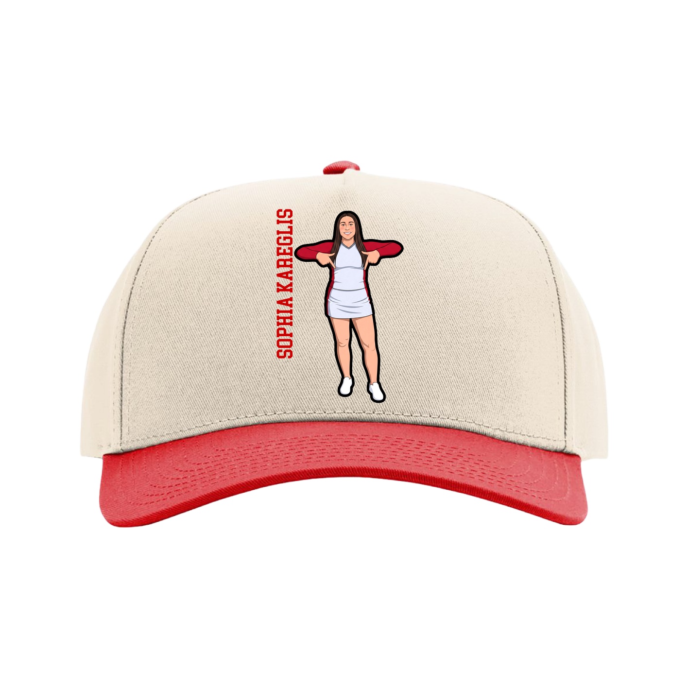 Full Fabric Five-Panel Champ Cap — Name Vertical in Cream/Red