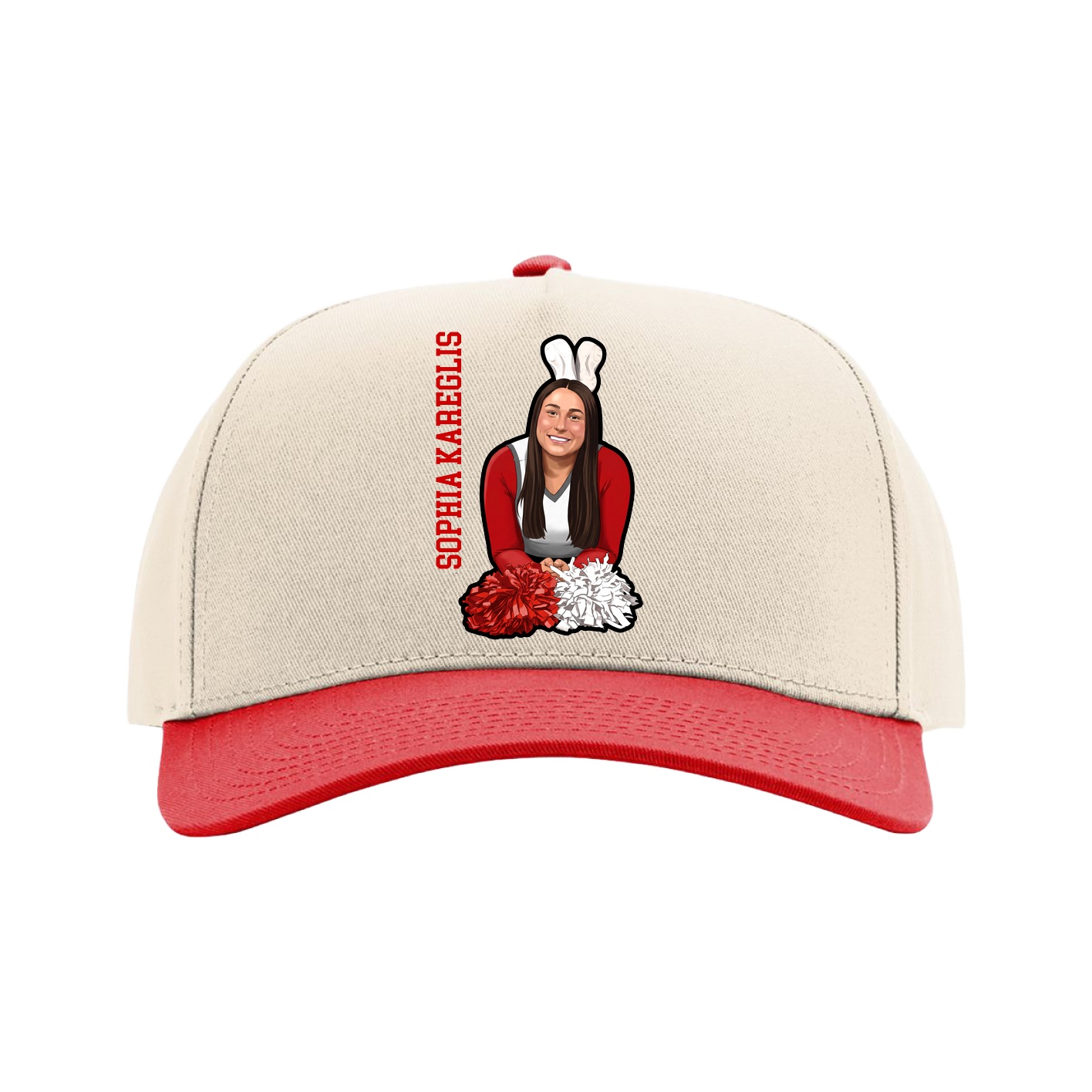 Full Fabric Five-Panel Champ Cap — Name Vertical in Cream/Red