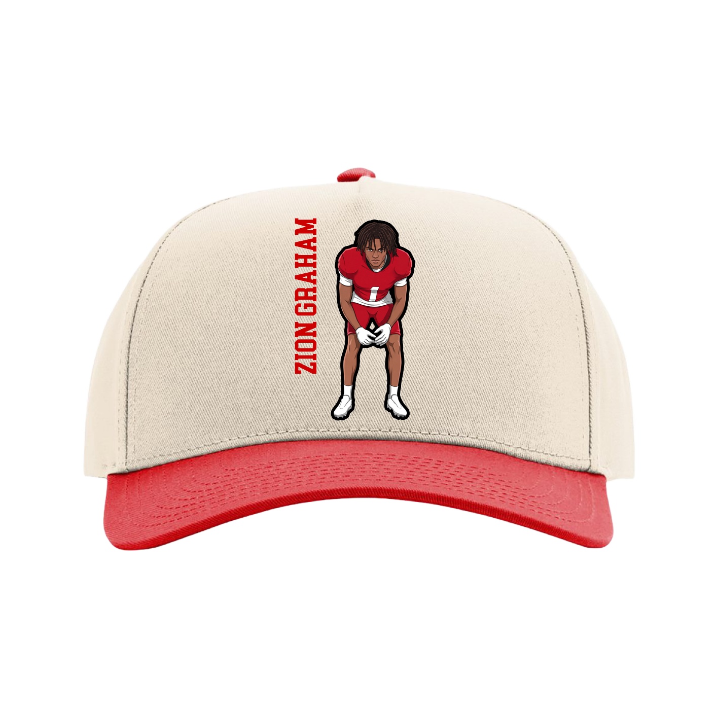 Full Fabric Five-Panel Champ Cap — Name Vertical in Cream/Red