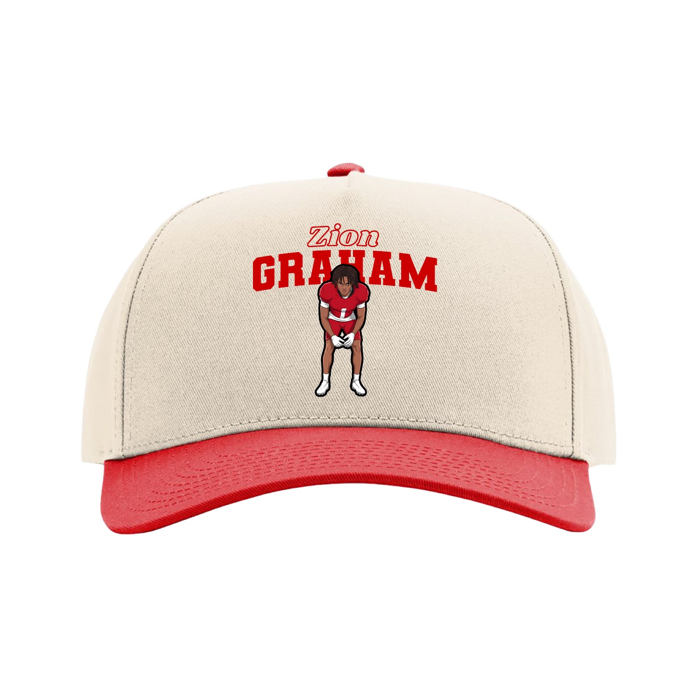 Full Fabric Five-Panel Champ Cap — Name Arch in Cream/Red