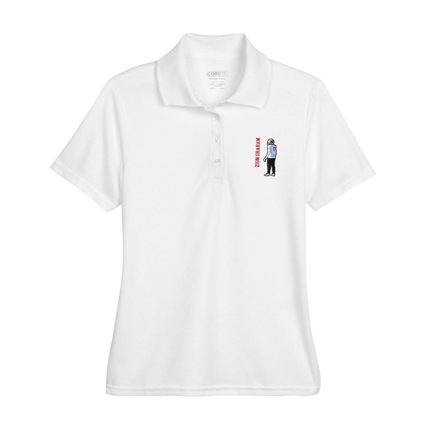 Womens Performance Polo — Name Vertical in White