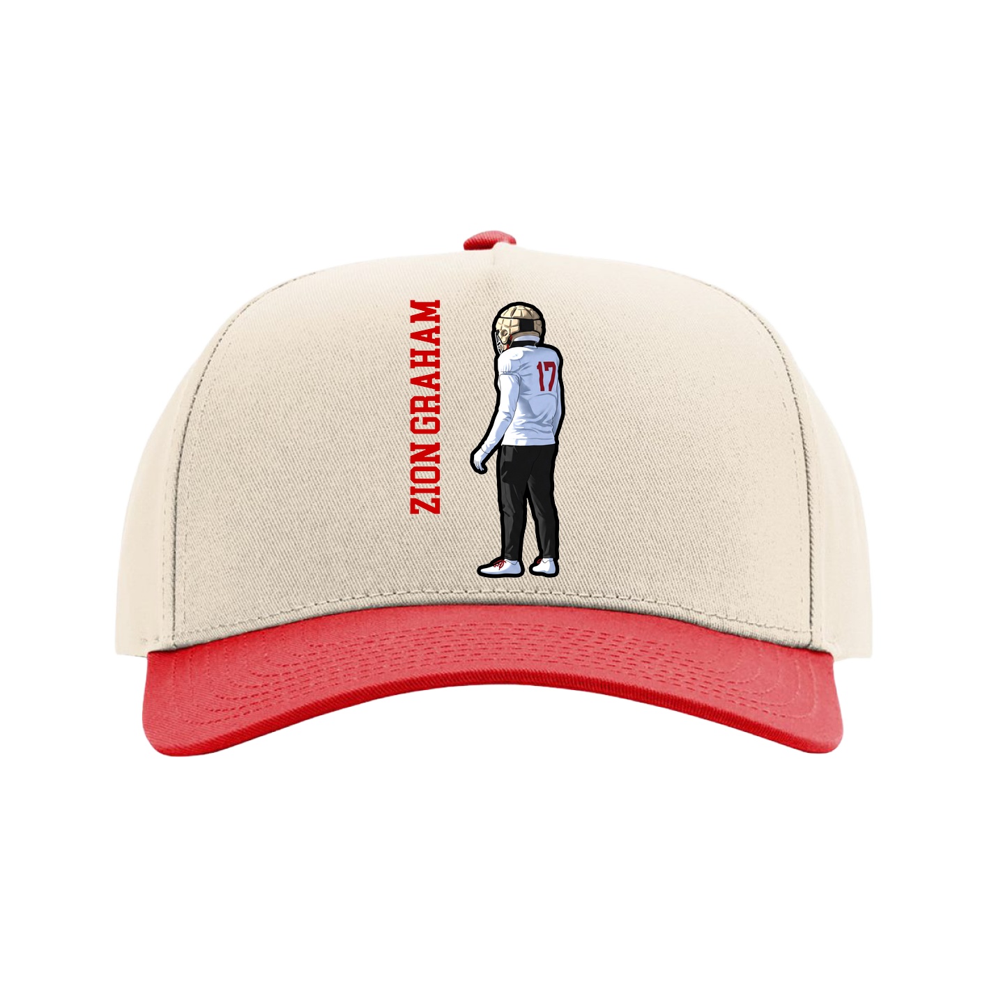 Full Fabric Five-Panel Champ Cap — Name Vertical in Cream/Red