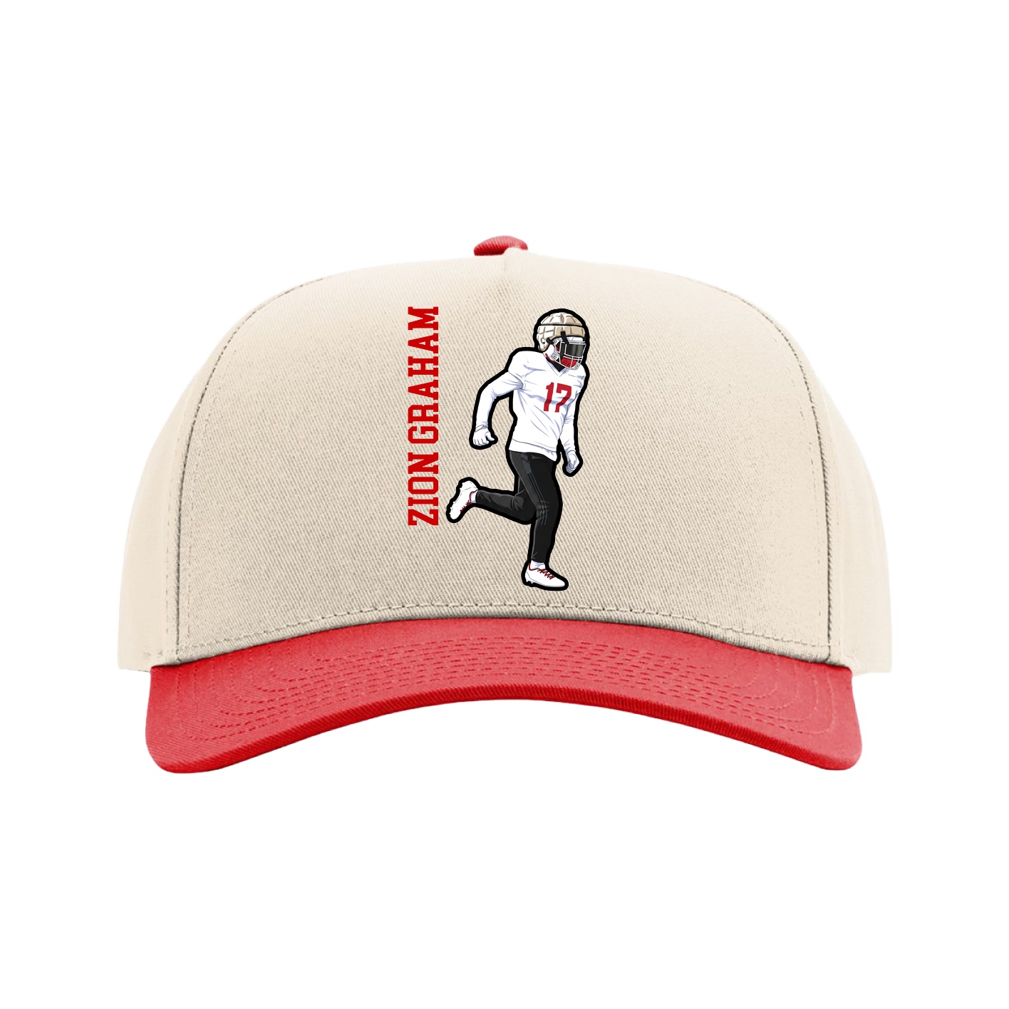 Full Fabric Five-Panel Champ Cap — Name Vertical in Cream/Red