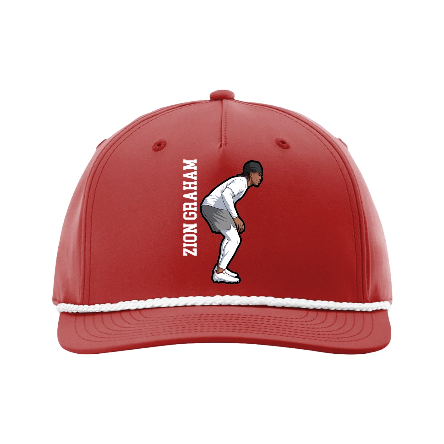 Five-Panel Classic Rope Cap — Name Vertical in Red