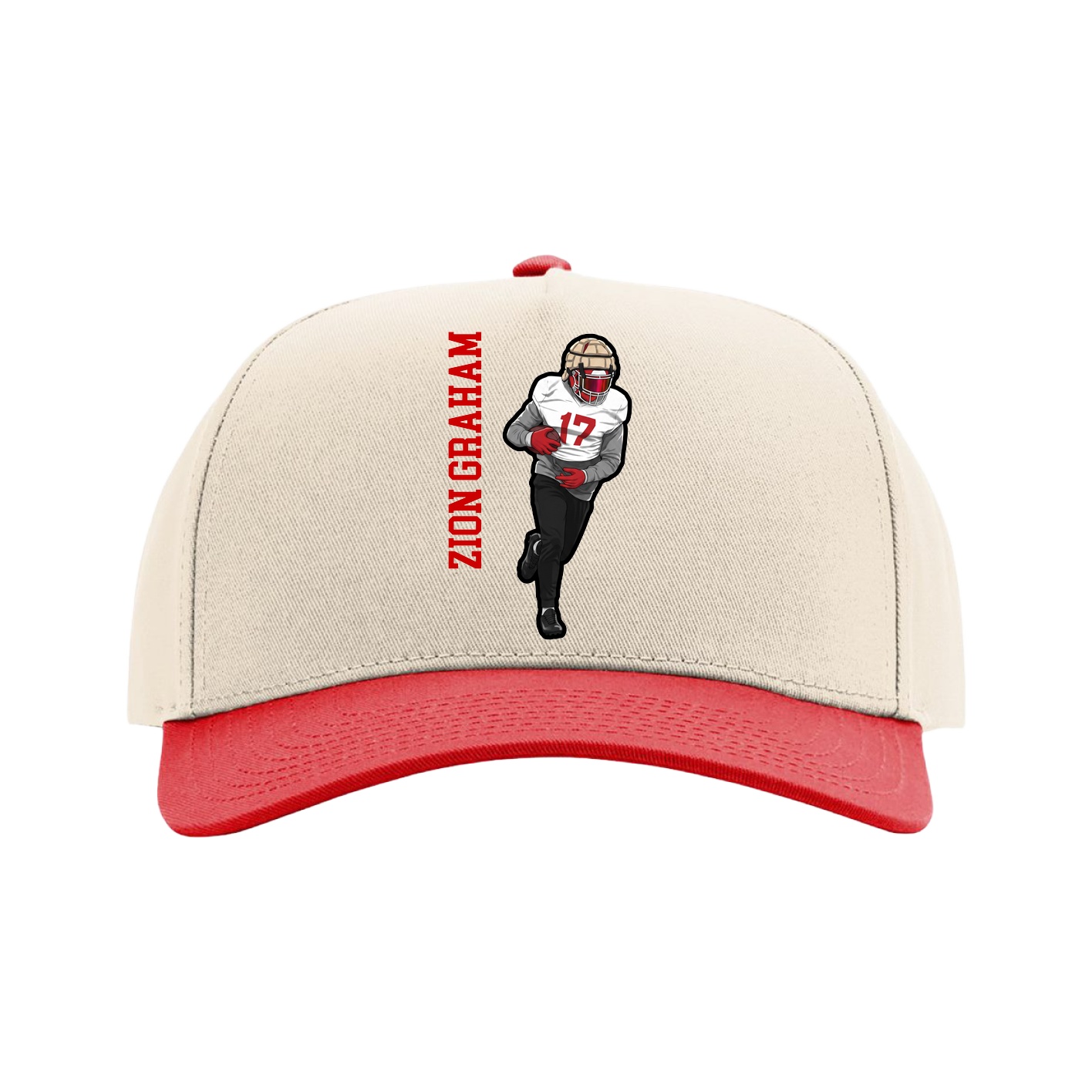 Full Fabric Five-Panel Champ Cap — Name Vertical in Cream/Red