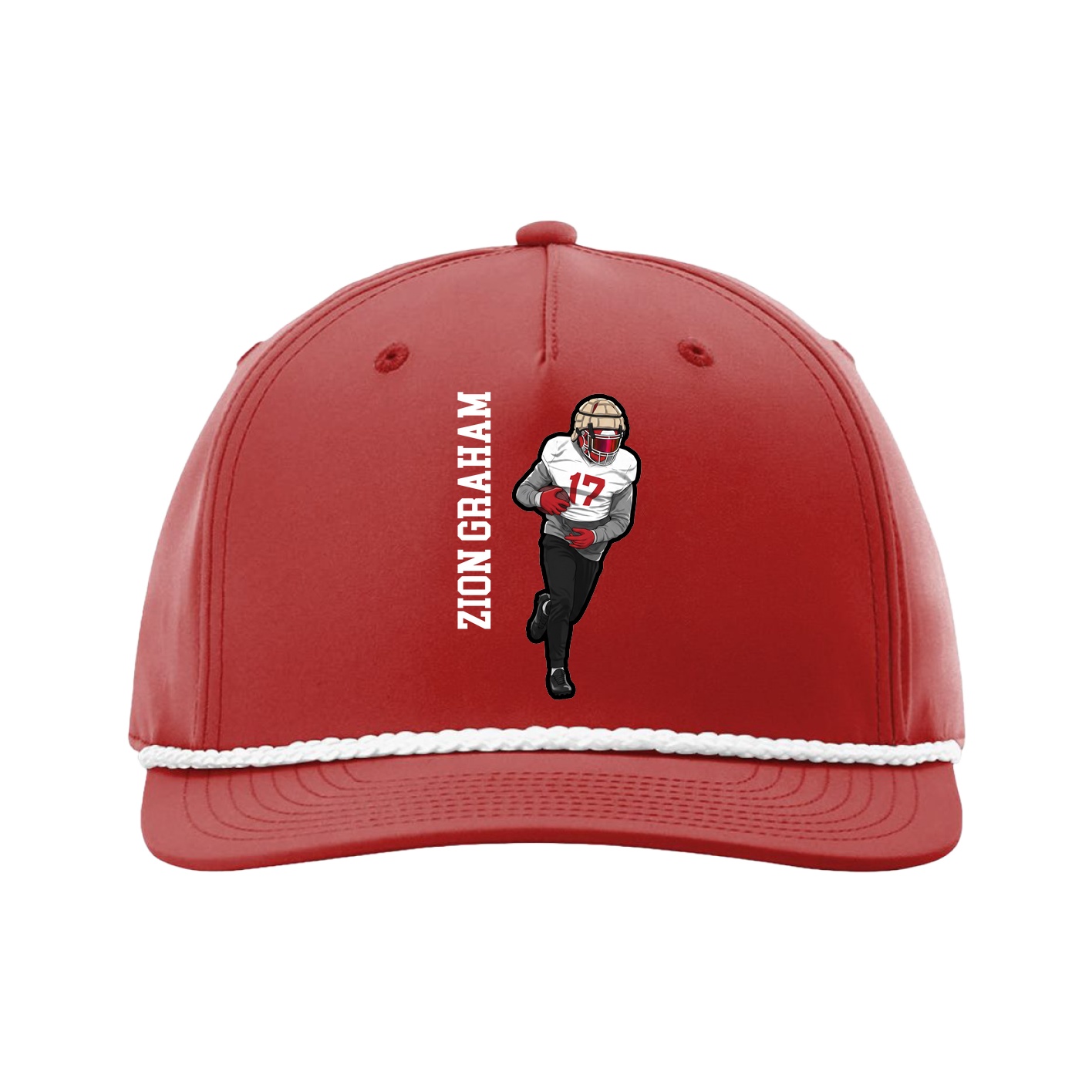 Five-Panel Classic Rope Cap — Name Vertical in Red