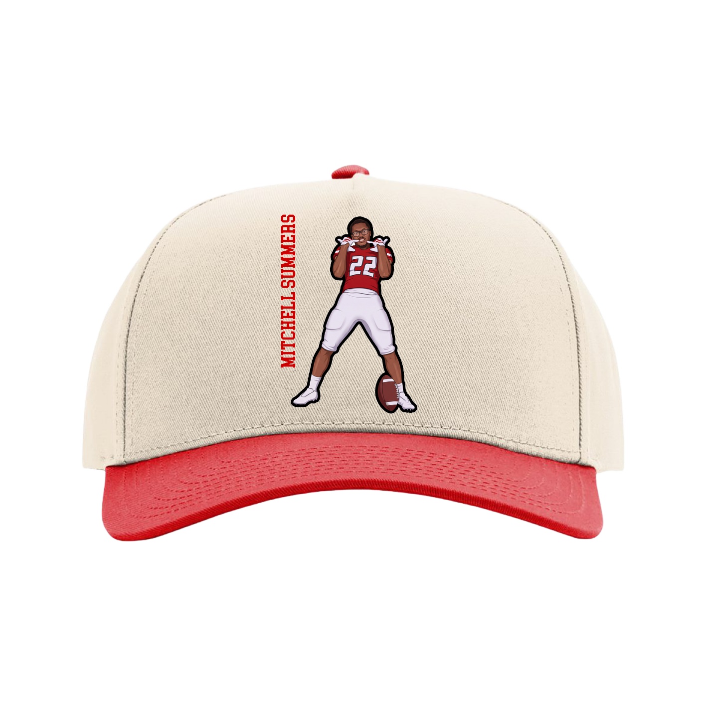 Full Fabric Five-Panel Champ Cap — Name Vertical in Cream/Red