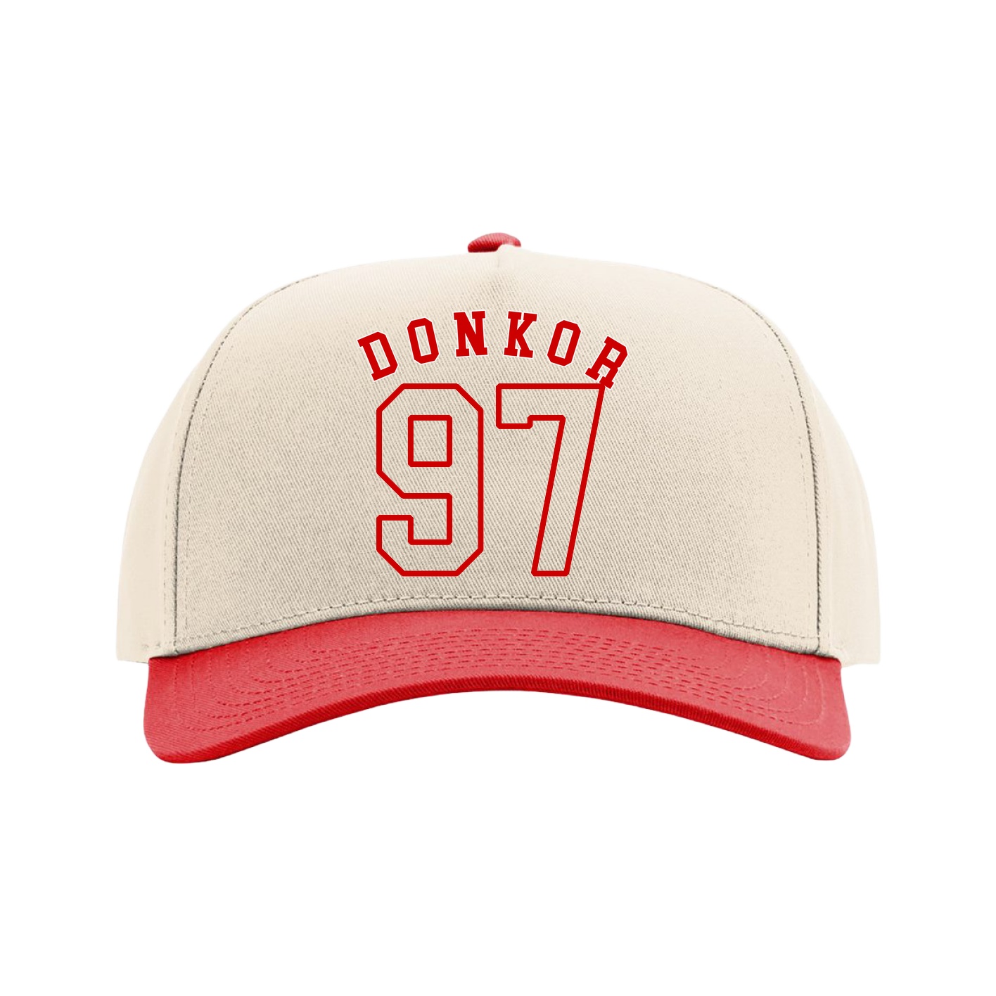 Full Fabric Five-Panel Champ Cap — Shirsey Arch in Cream/Red