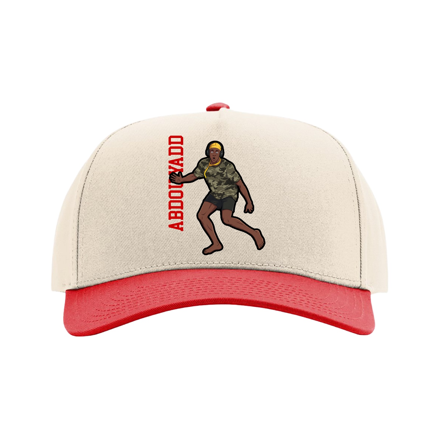 Full Fabric Five-Panel Champ Cap — Name Vertical in Cream/Red