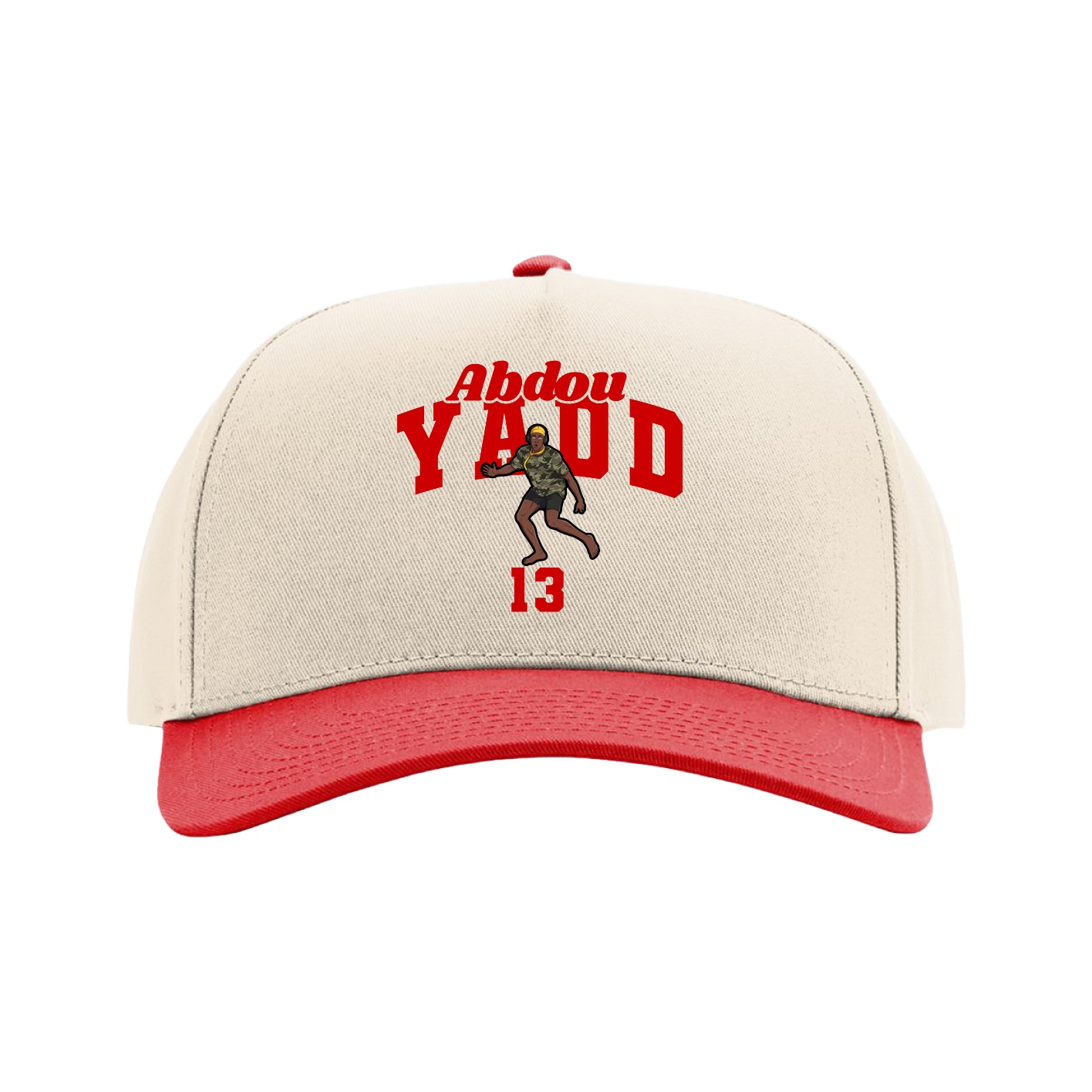 Full Fabric Five-Panel Champ Cap — Signature Arch in Cream/Red