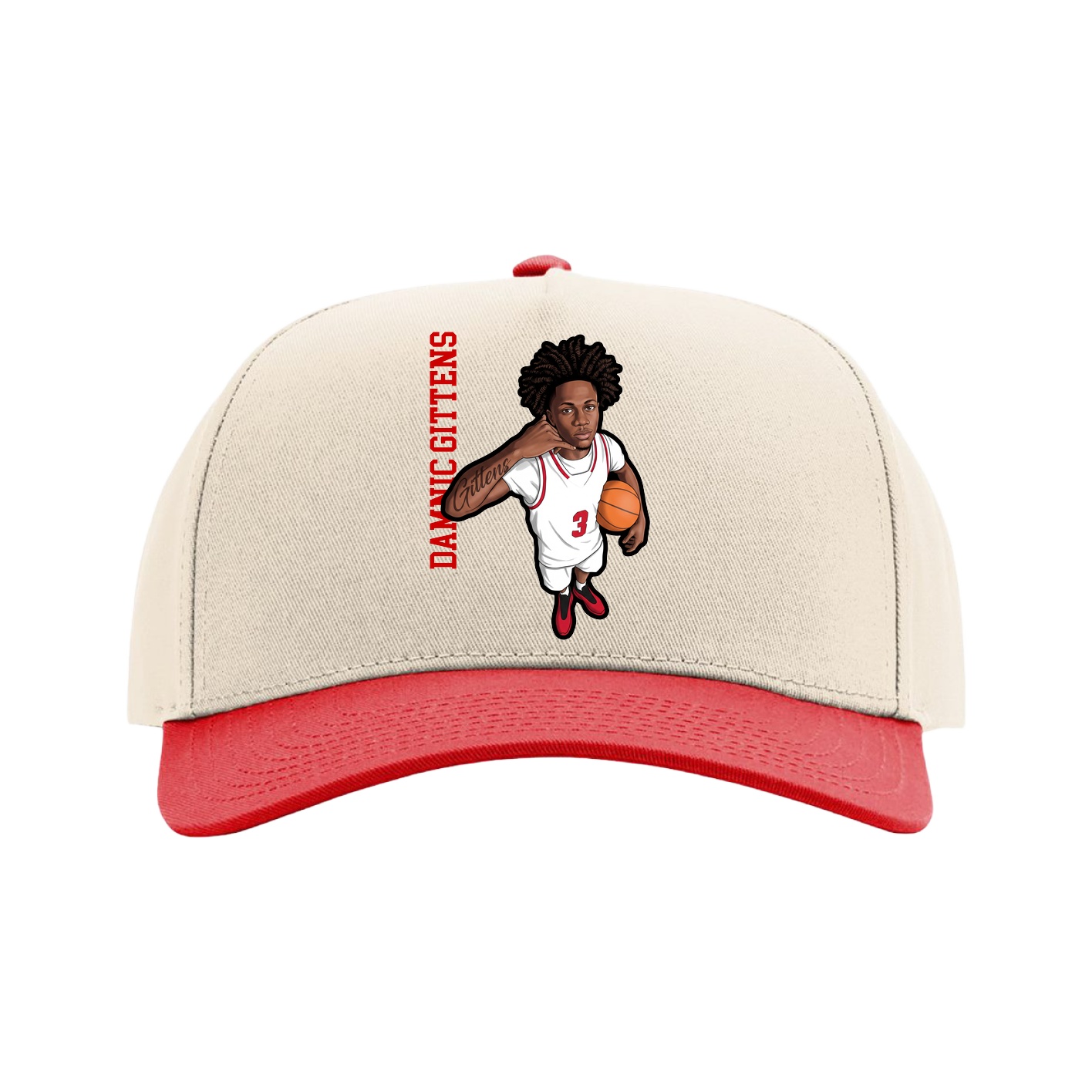 Full Fabric Five-Panel Champ Cap — Name Vertical in Cream/Red