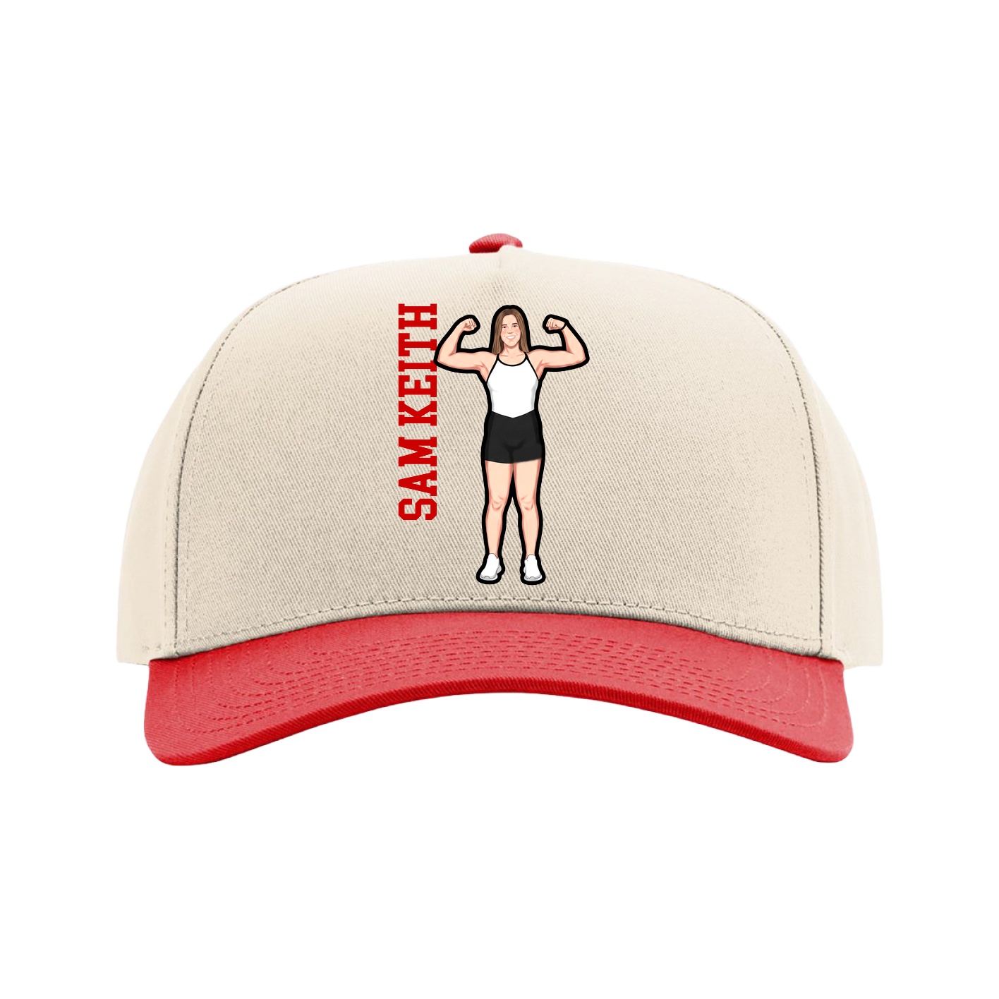 Full Fabric Five-Panel Champ Cap — Name Vertical in Cream/Red