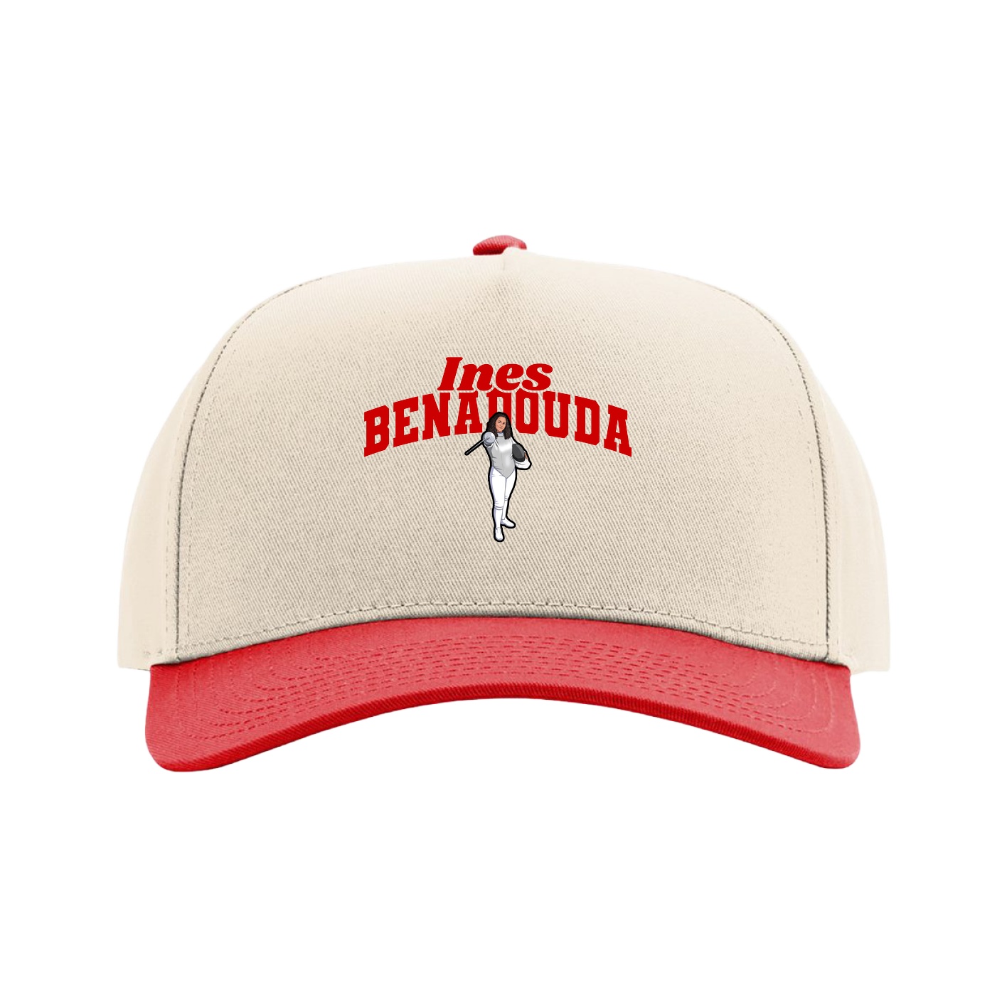 Full Fabric Five-Panel Champ Cap — Signature Arch in Cream/Red