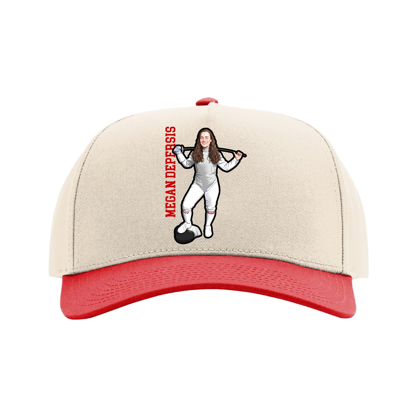 Full Fabric Five-Panel Champ Cap — Name Vertical in Cream/Red