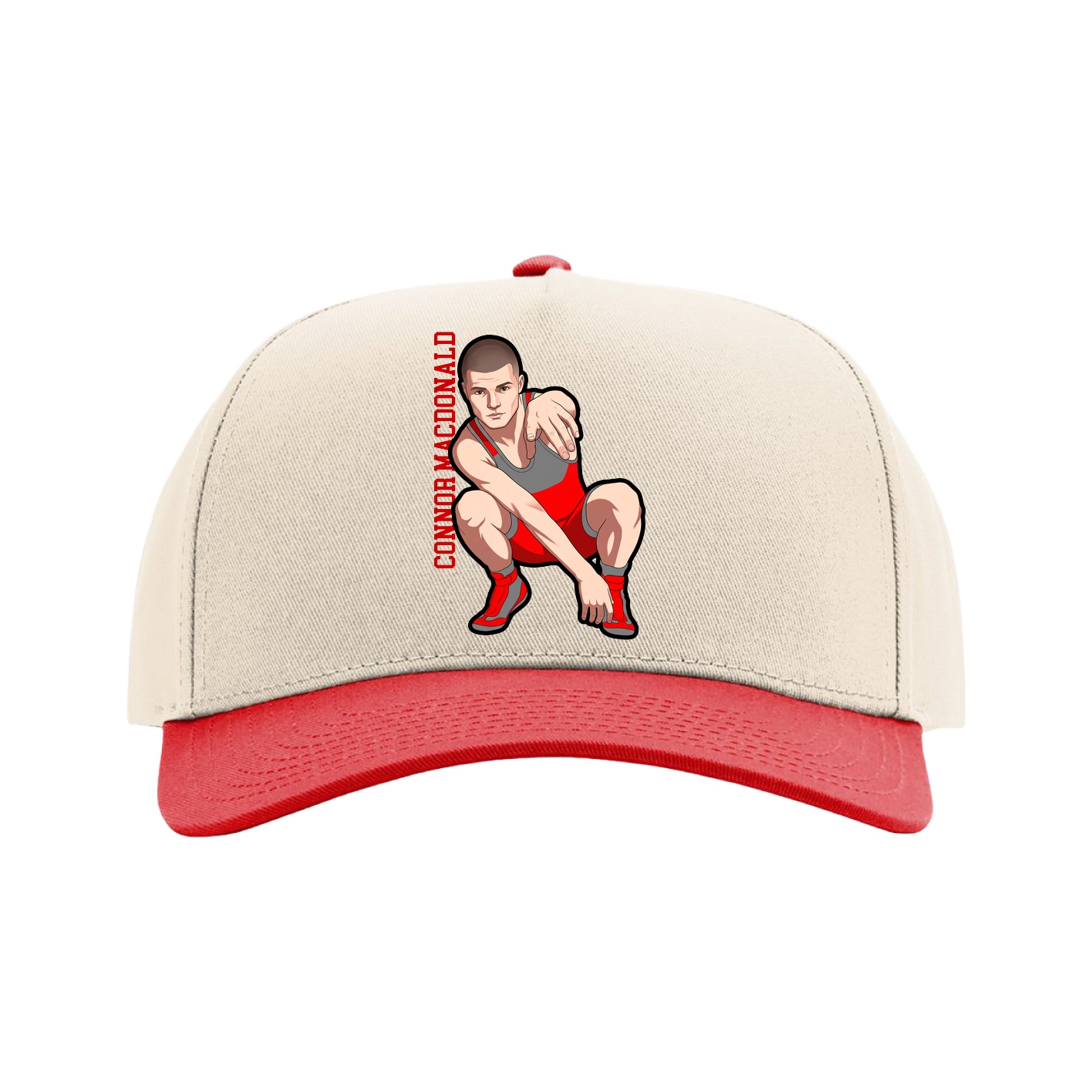 Full Fabric Five-Panel Champ Cap — Name Vertical in Cream/Red