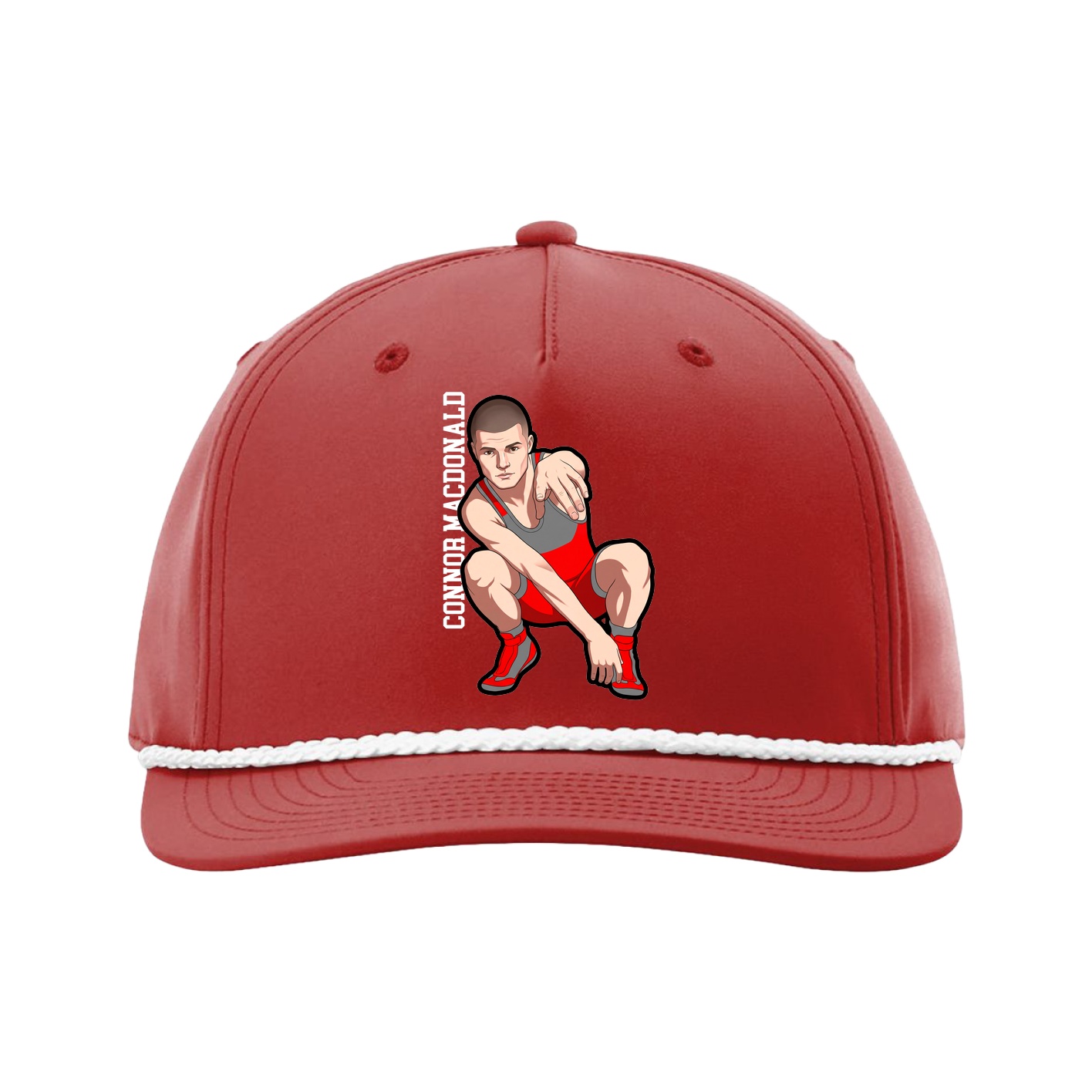 Five-Panel Classic Rope Cap — Name Vertical in Red