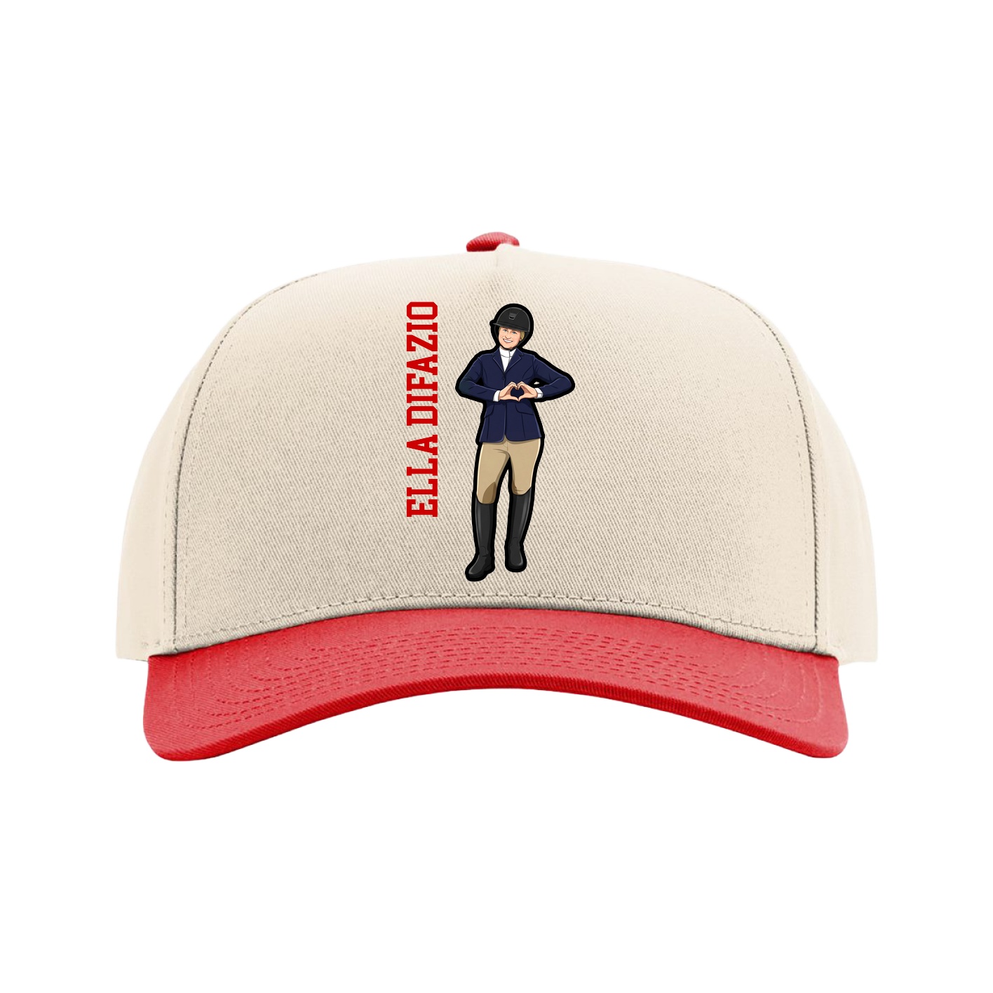 Full Fabric Five-Panel Champ Cap — Name Vertical in Cream/Red