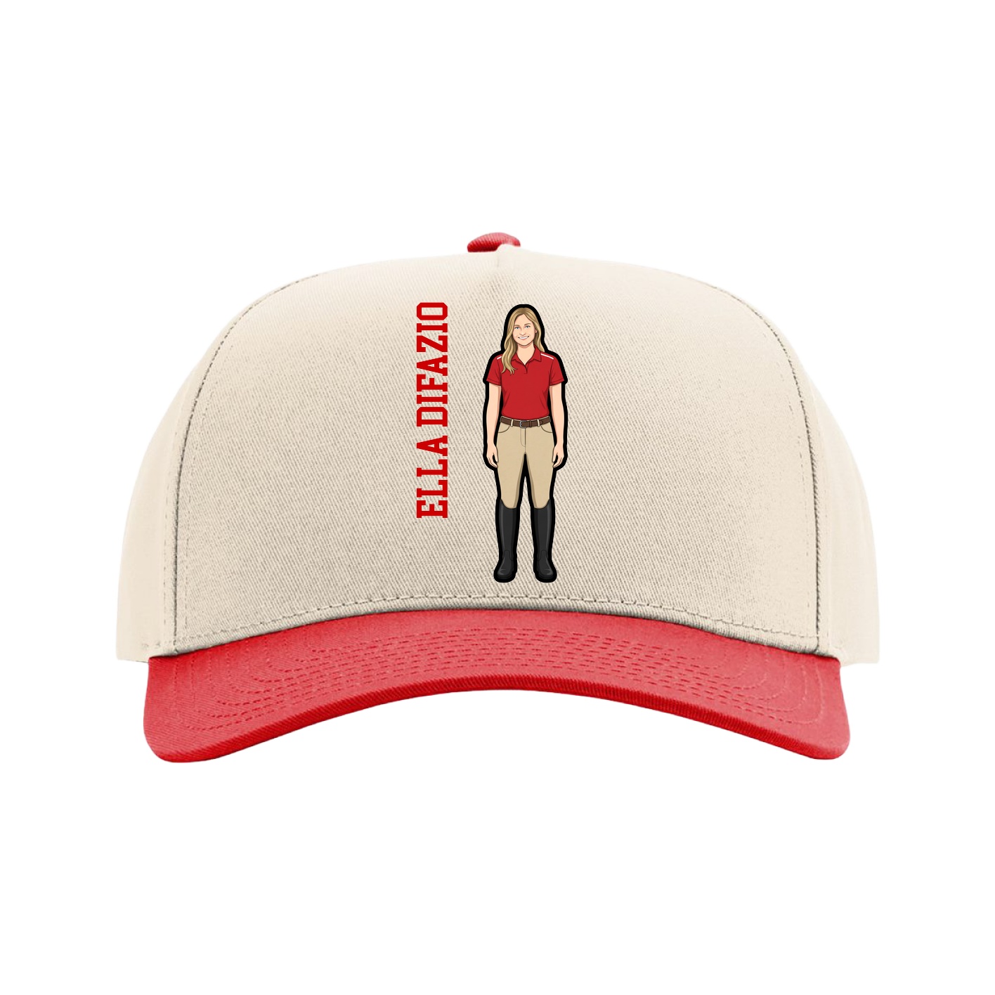 Full Fabric Five-Panel Champ Cap — Name Vertical in Cream/Red