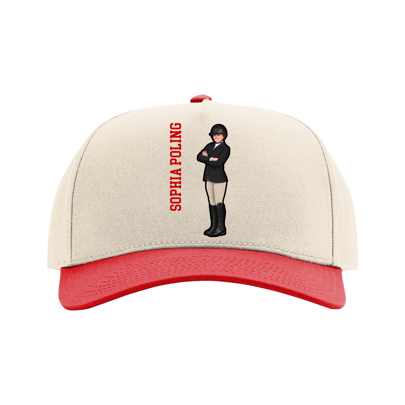 Full Fabric Five-Panel Champ Cap — Name Vertical in Cream/Red