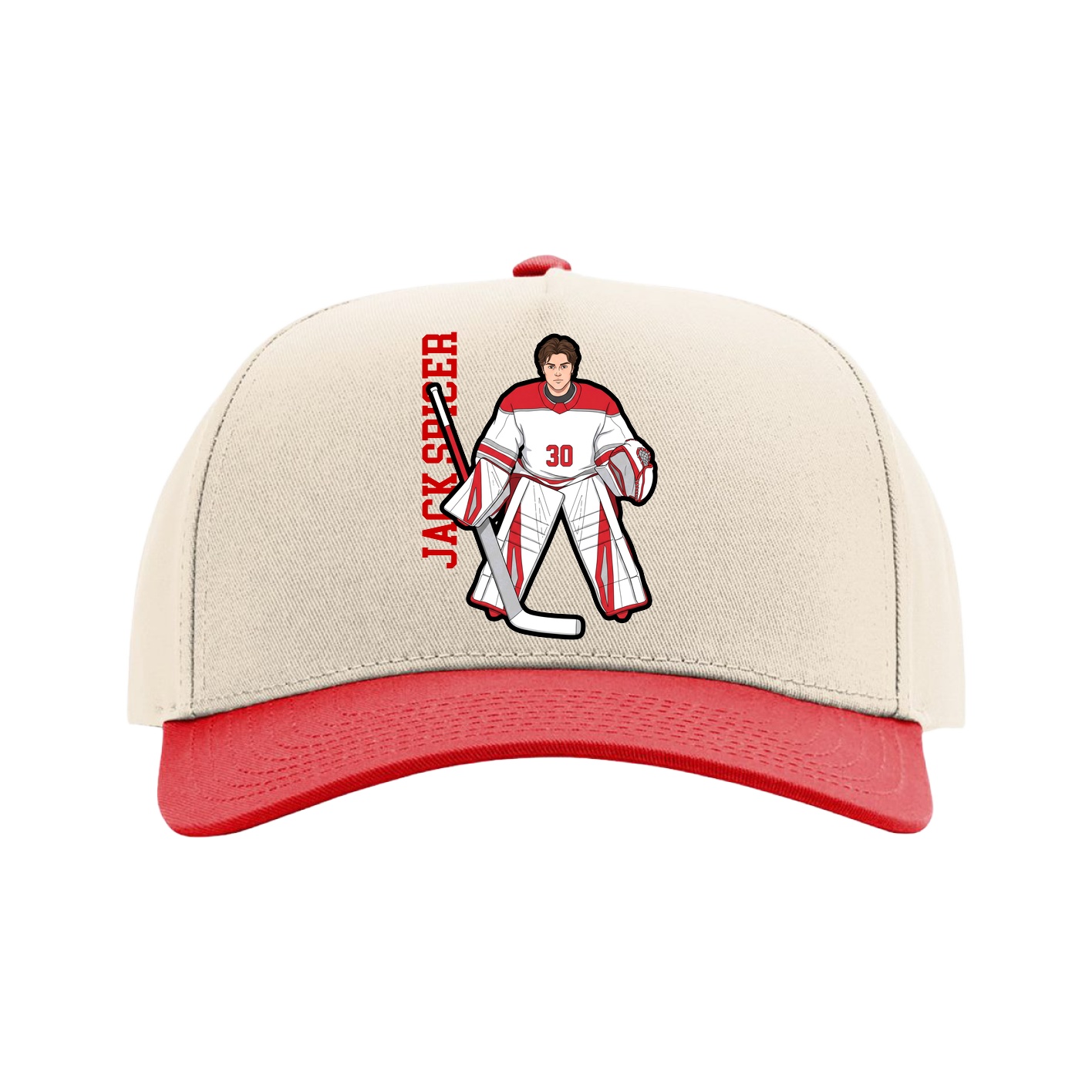 Full Fabric Five-Panel Champ Cap — Name Vertical in Cream/Red