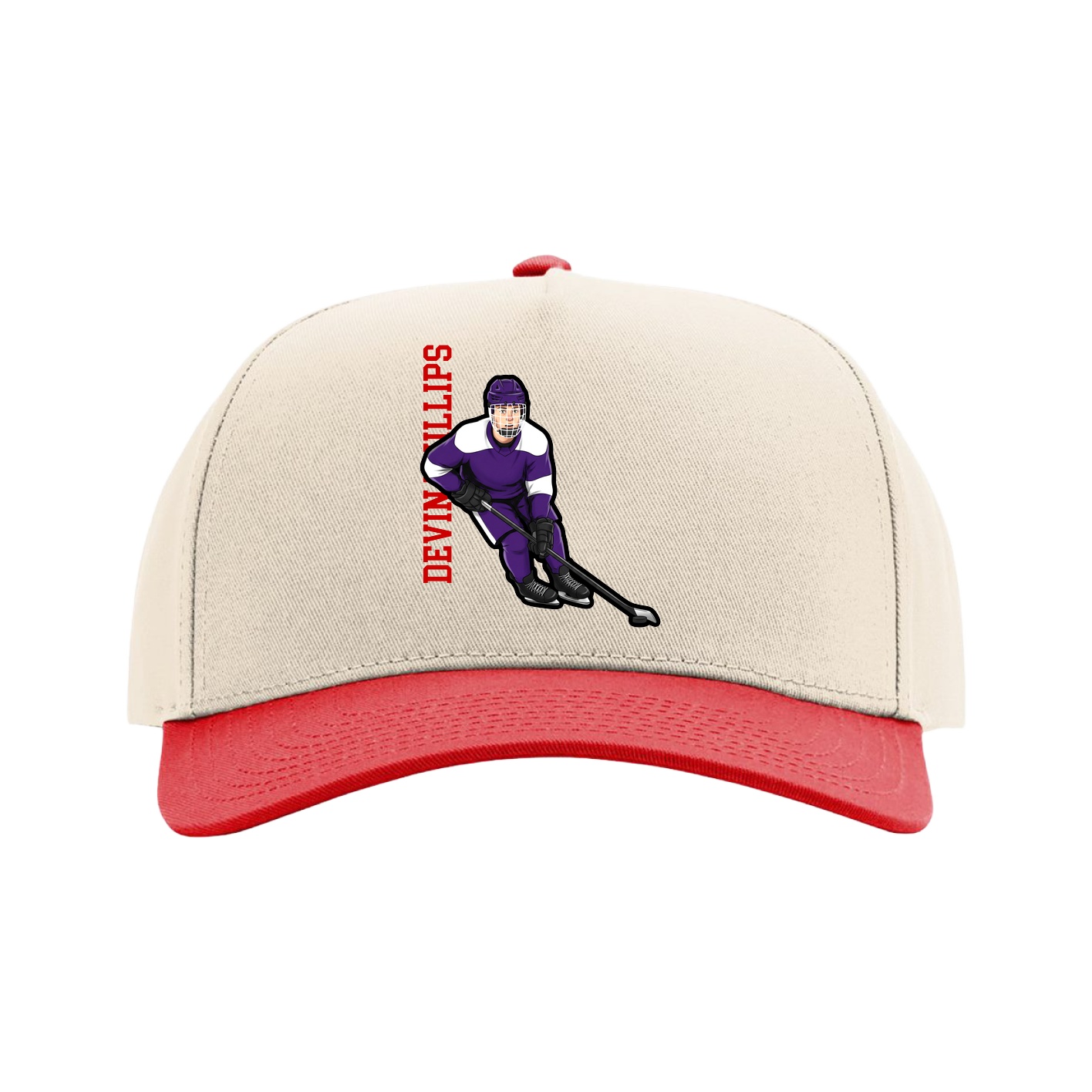 Full Fabric Five-Panel Champ Cap — Name Vertical in Cream/Red