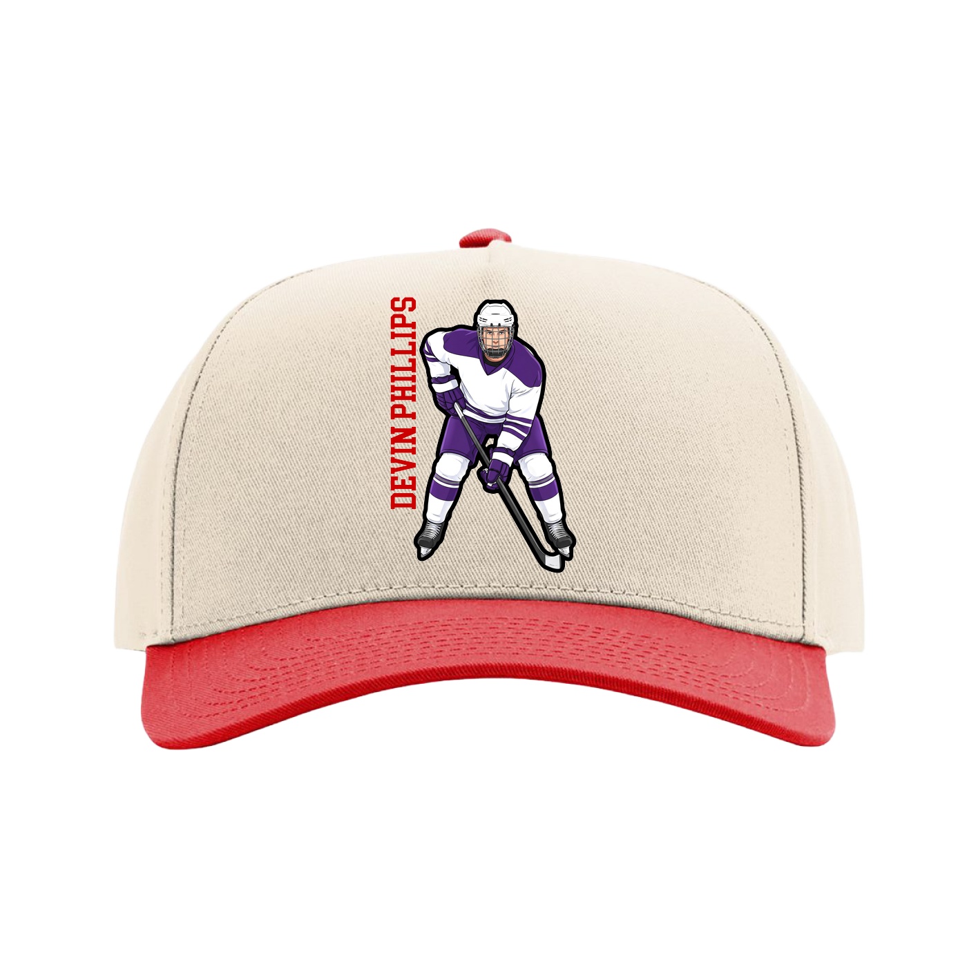 Full Fabric Five-Panel Champ Cap — Name Vertical in Cream/Red