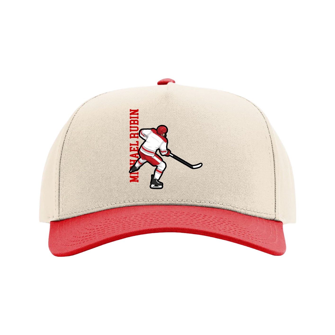 Full Fabric Five-Panel Champ Cap — Name Vertical in Cream/Red