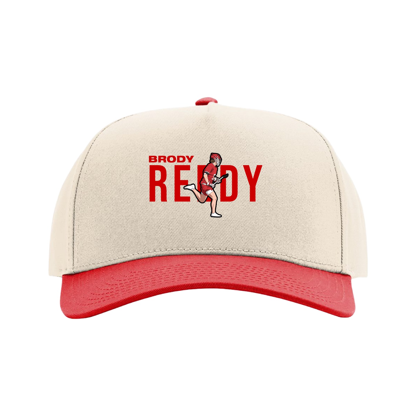 Full Fabric Five-Panel Champ Cap — Player Name in Cream/Red